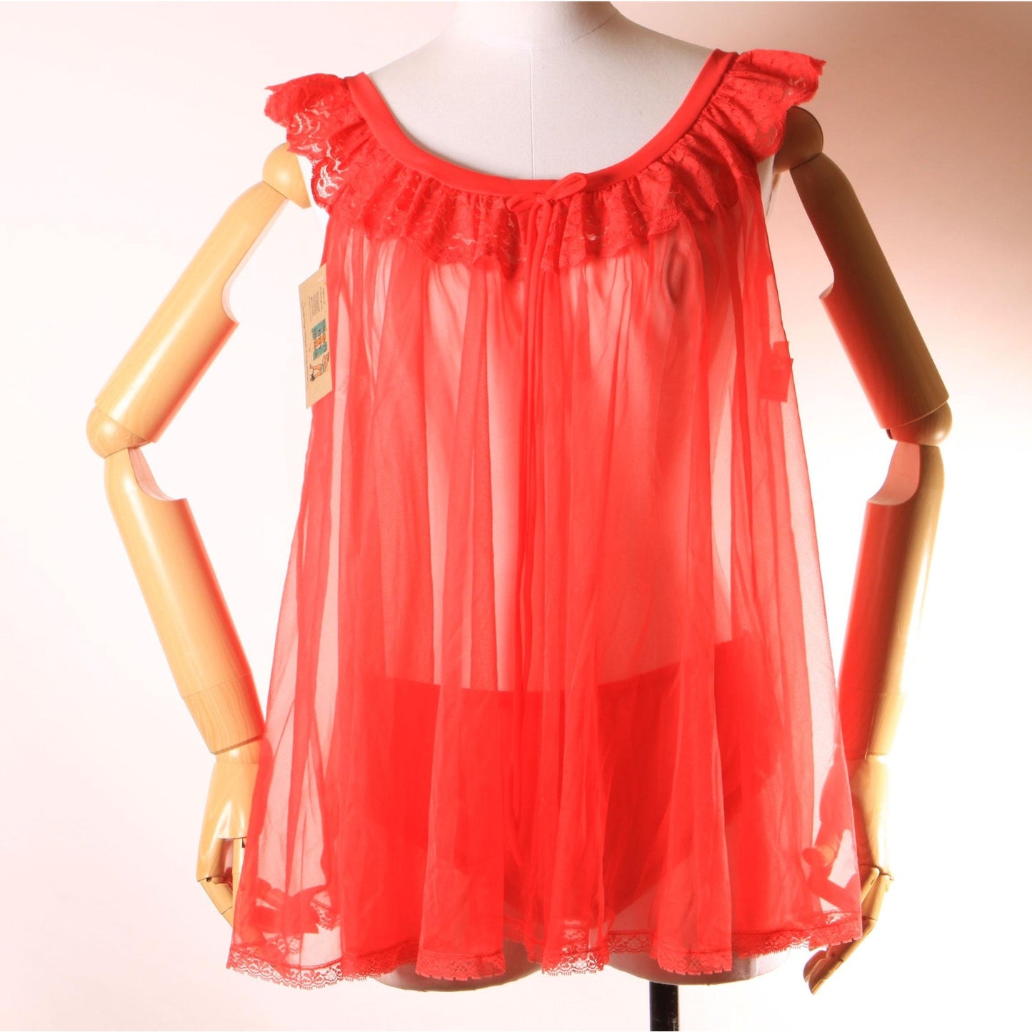 Deadstock Late 1960s Early 1970s Red Sheer Lingerie Night Gown Top with Matching Underwear Panties by JCPenney -M