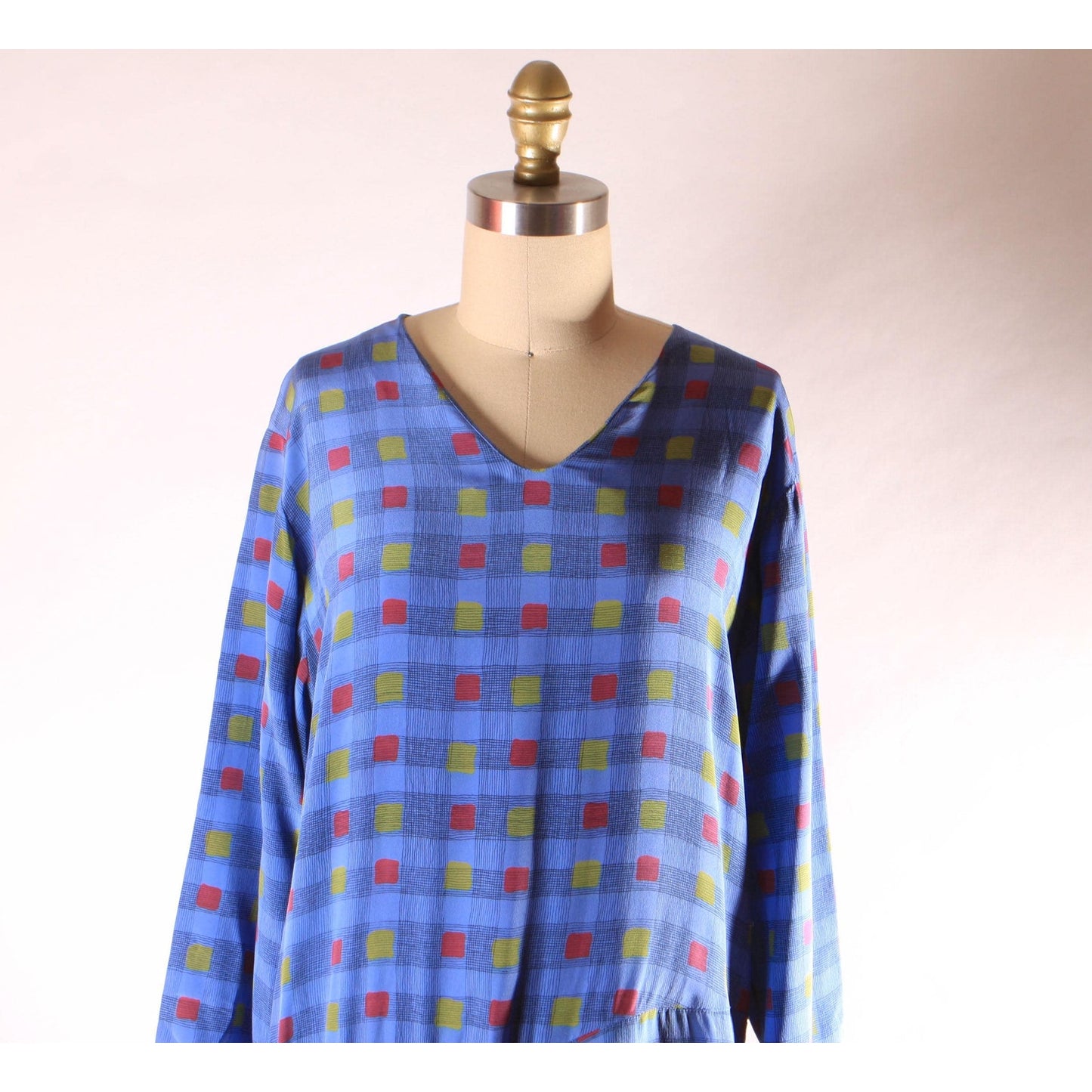 1970s Long Sleeve Blue, Black, Red and Yellow Asymmetrical Drop Waist V Neck Geometric Plaid Dress by Valentino