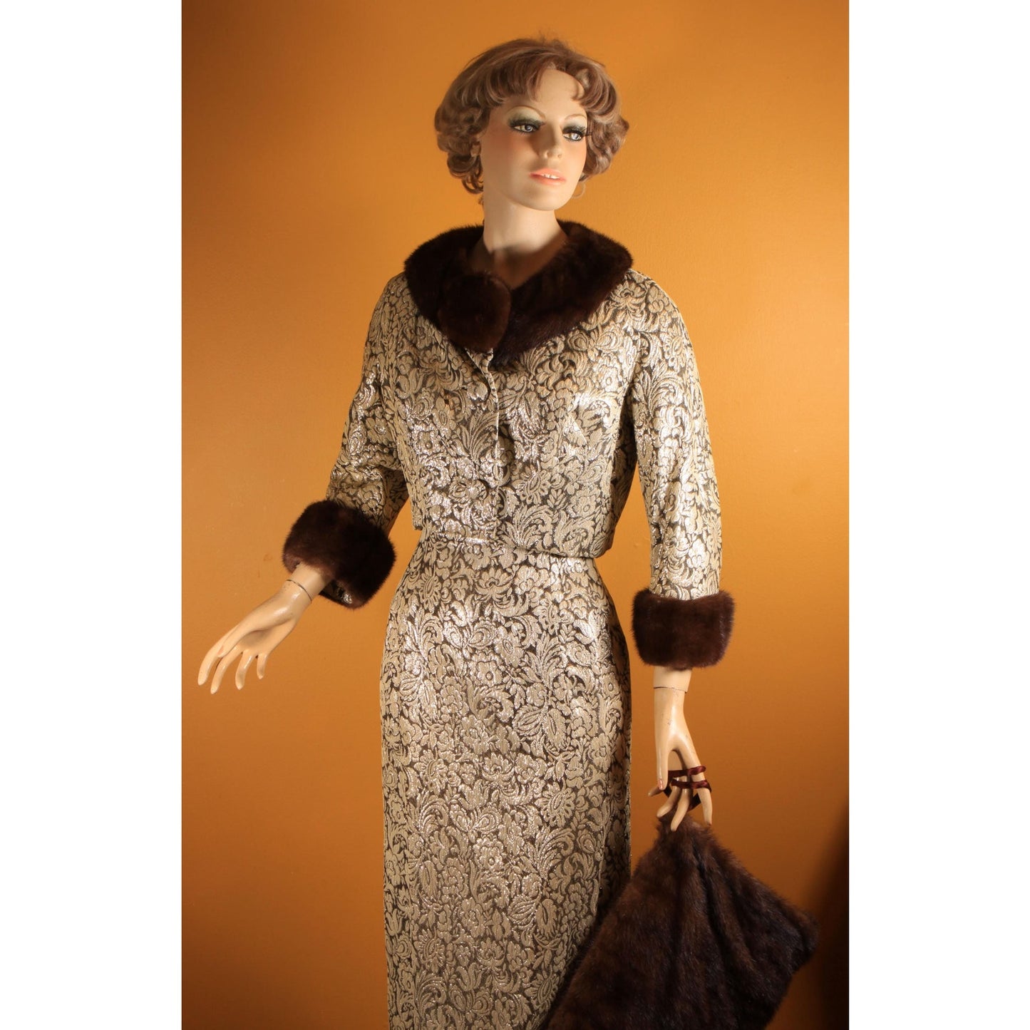 Early 1950s Gold & Brown Lurex Floral Mink Fur Trim Sleeveless Cocktail Dress with Matching Cropped Jacket and Muff by Terry Allen Original