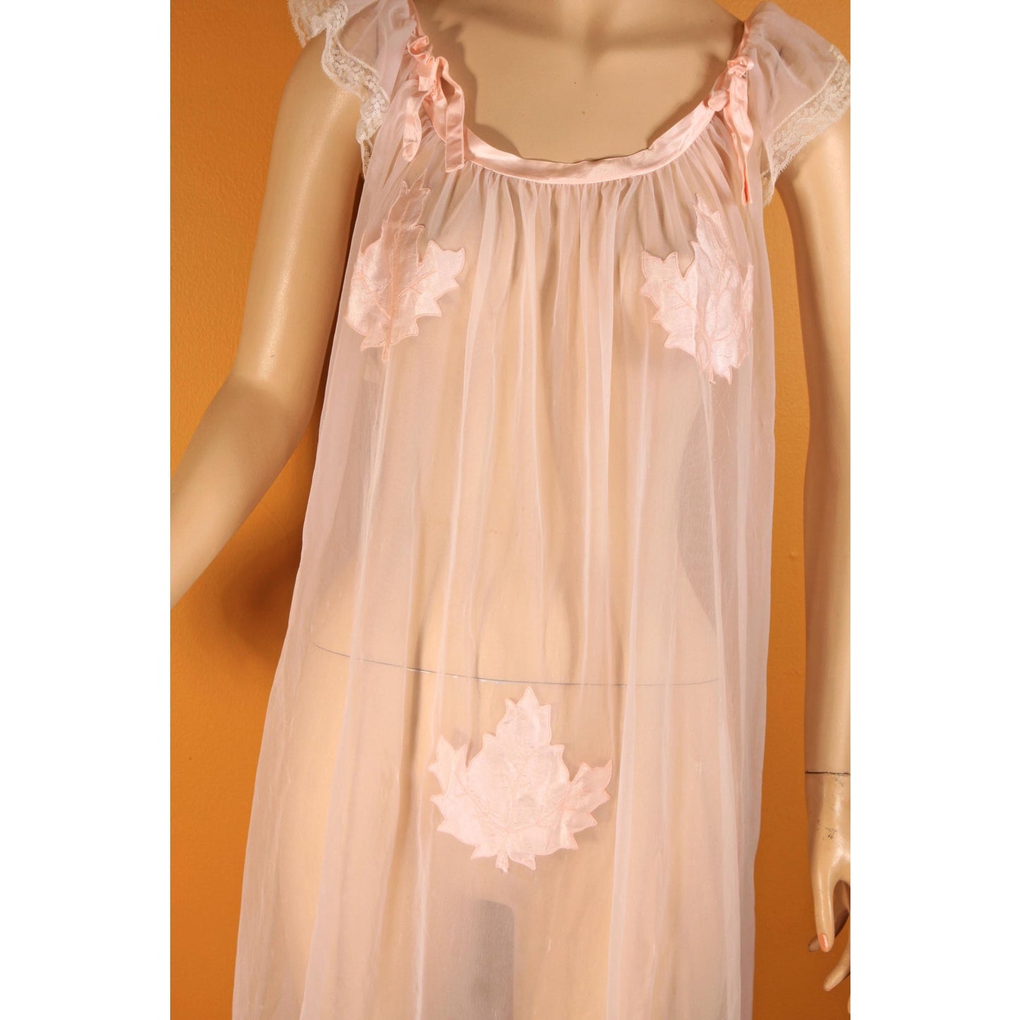 1950s Sheer Illusion Pink Fig Leaf Risque Pin Up Eves Leaves Babydoll Peignoir Night Gown by Chevette