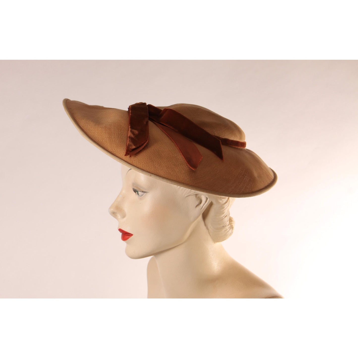 1940s Tan Straw Hat with Brown Velvet Bow Formal Wide Brim Sun Hat by Lady Beatrice Model