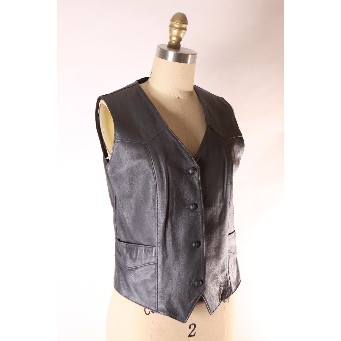 1970s Dark Gray Leather Button Down Pocketed Western Vest by Trego's Westwear Inc. -S-M