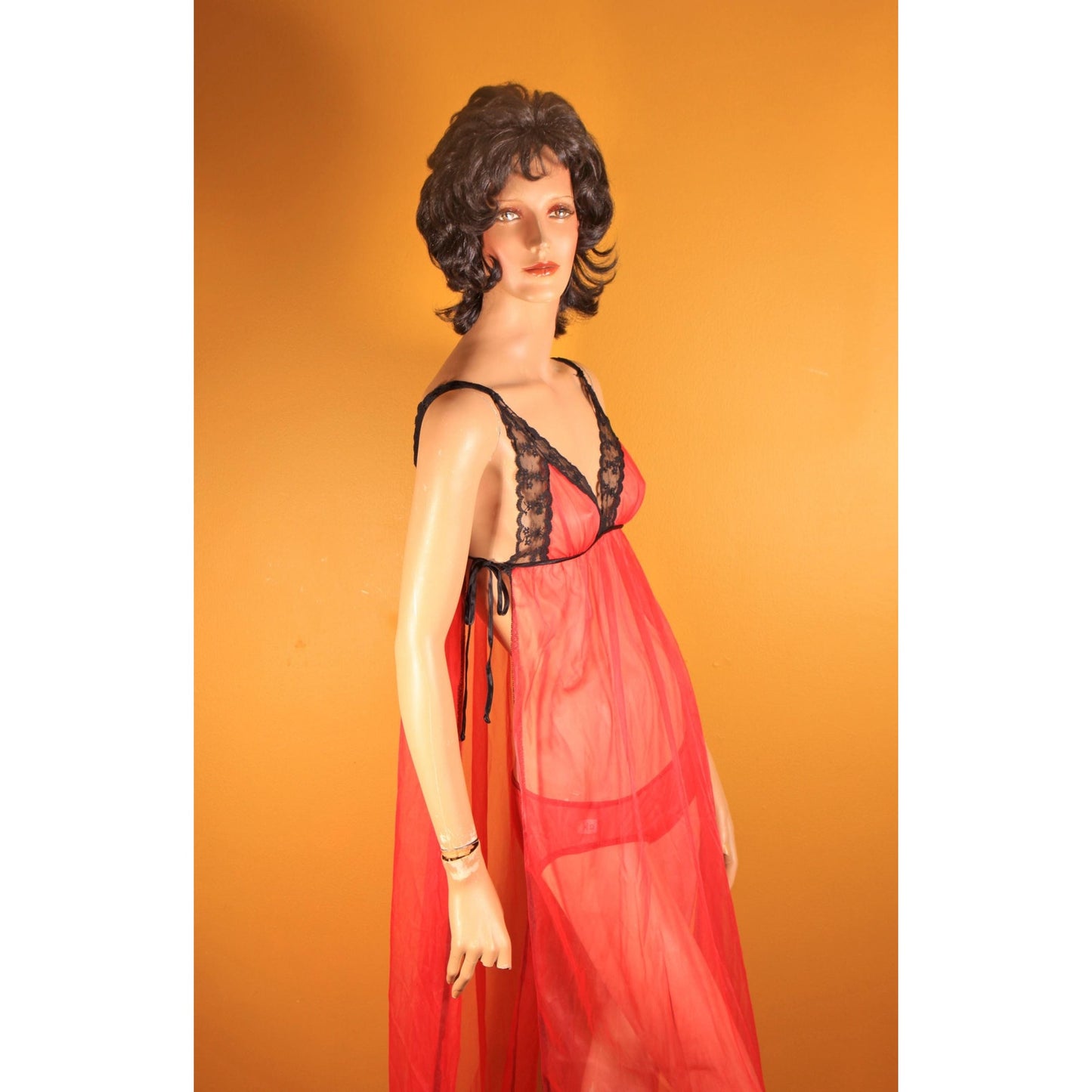 1960s Red and Black Open Side Night Gown with Matching Panties and Open Sleeve Robe Three Piece Lingerie Set