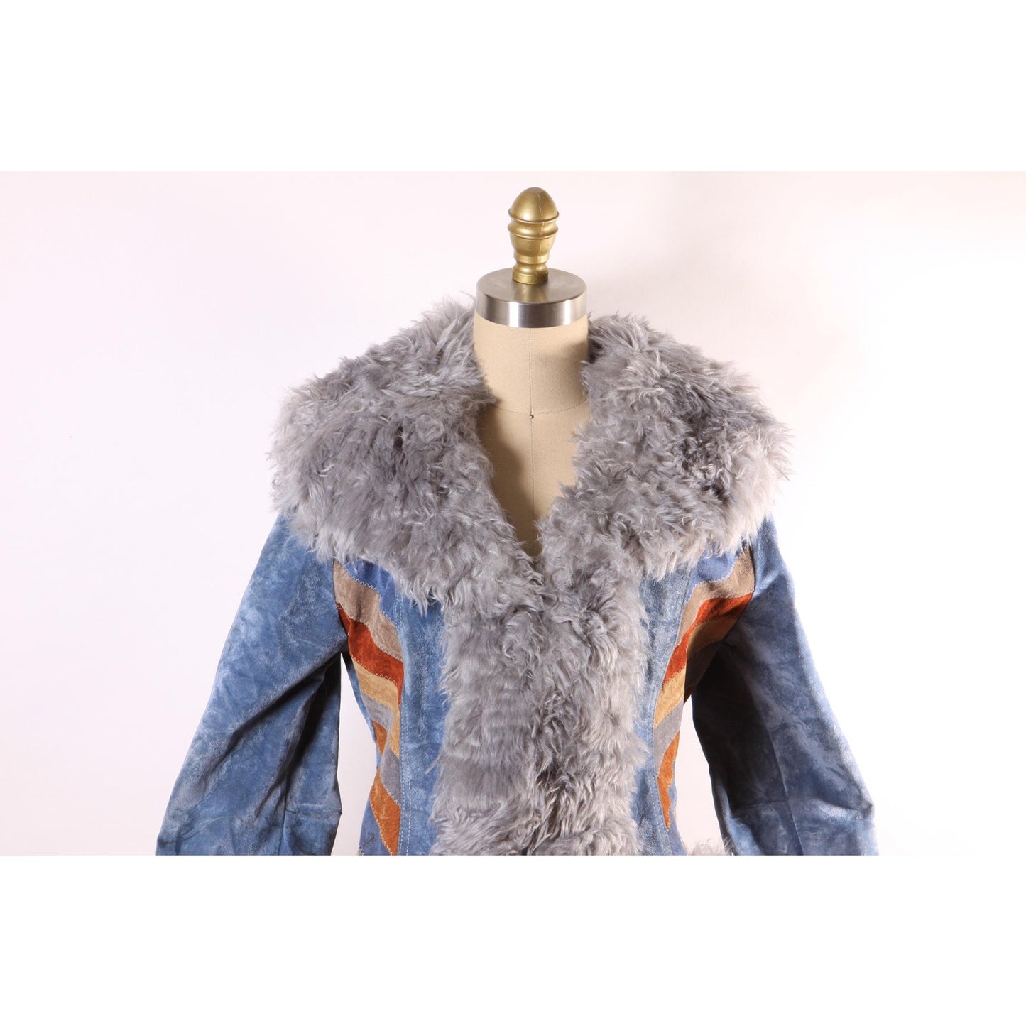 1970s Blue, Brown and Tan Velveteen Striped Faux Fur Trim Waist Length Penny Lane Coat