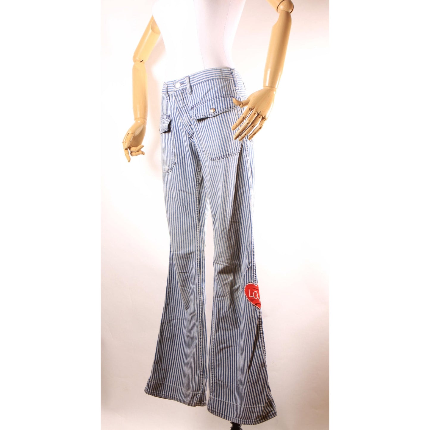 1970s Blue and White Striped Novelty Help and Love Patchwork Patch Railroad Jeans by Wrangler -31x34