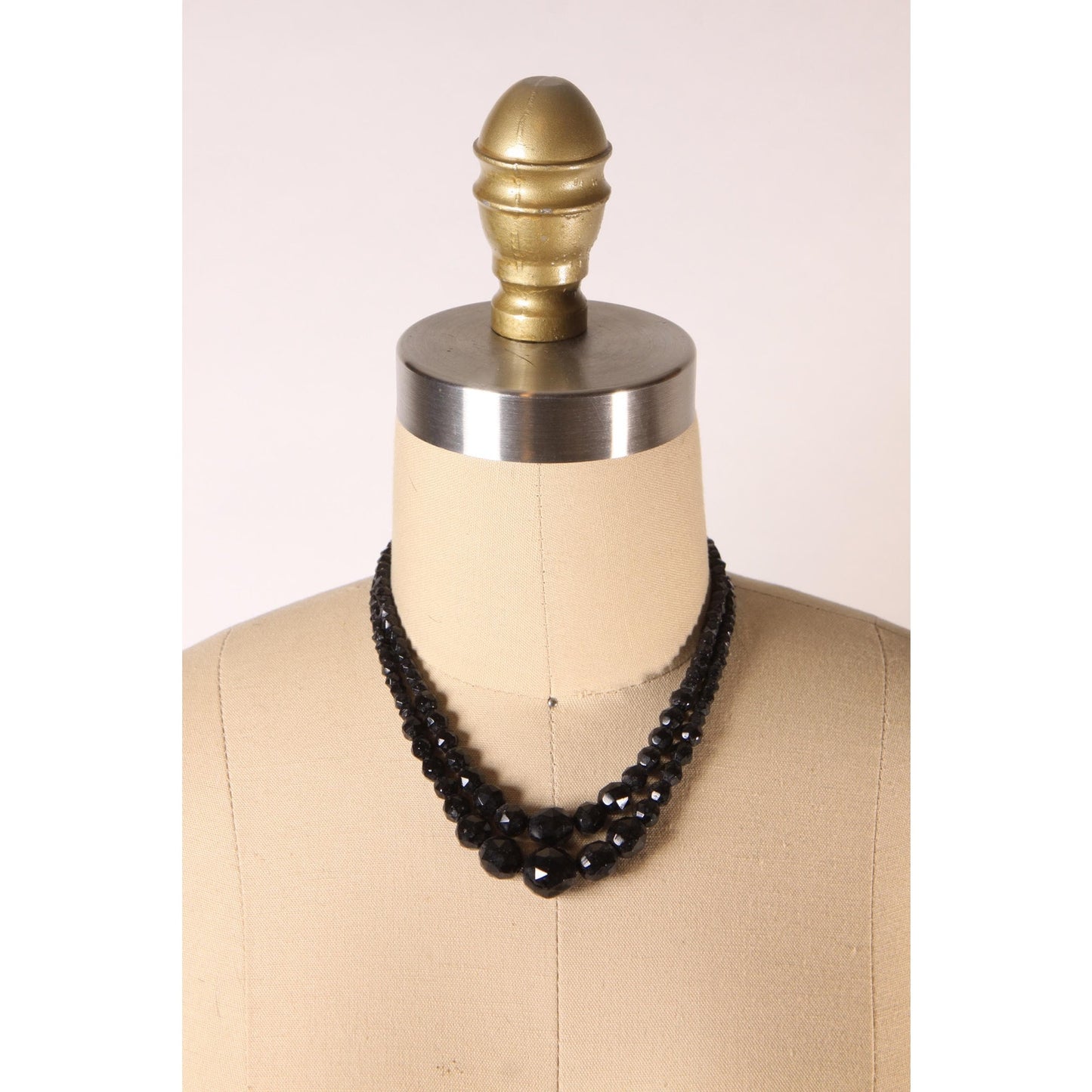 1930s Black Glass Faceted Beaded Double Strand Necklace
