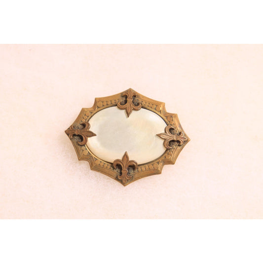Antique 1800s Victorian Mother of Pearl and Gold Tone Metal Fleur-de-lis Brooch