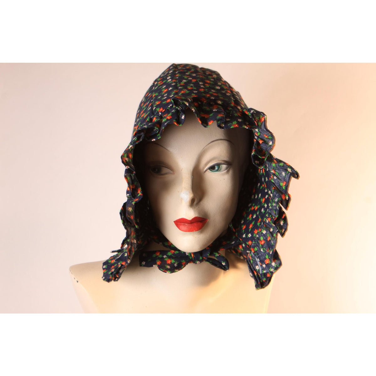 1970s Blue, Red, Yellow and White Floral Calico Prairie Bonnet Hat