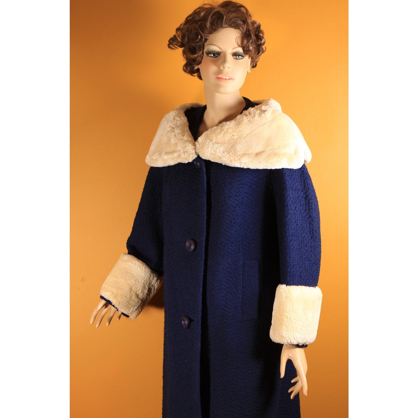 1950s Blue Long Sleeve Cream Sheared Chinchilla Fur Cuff and Collar Coat by Adler's and Jeshiva -XL