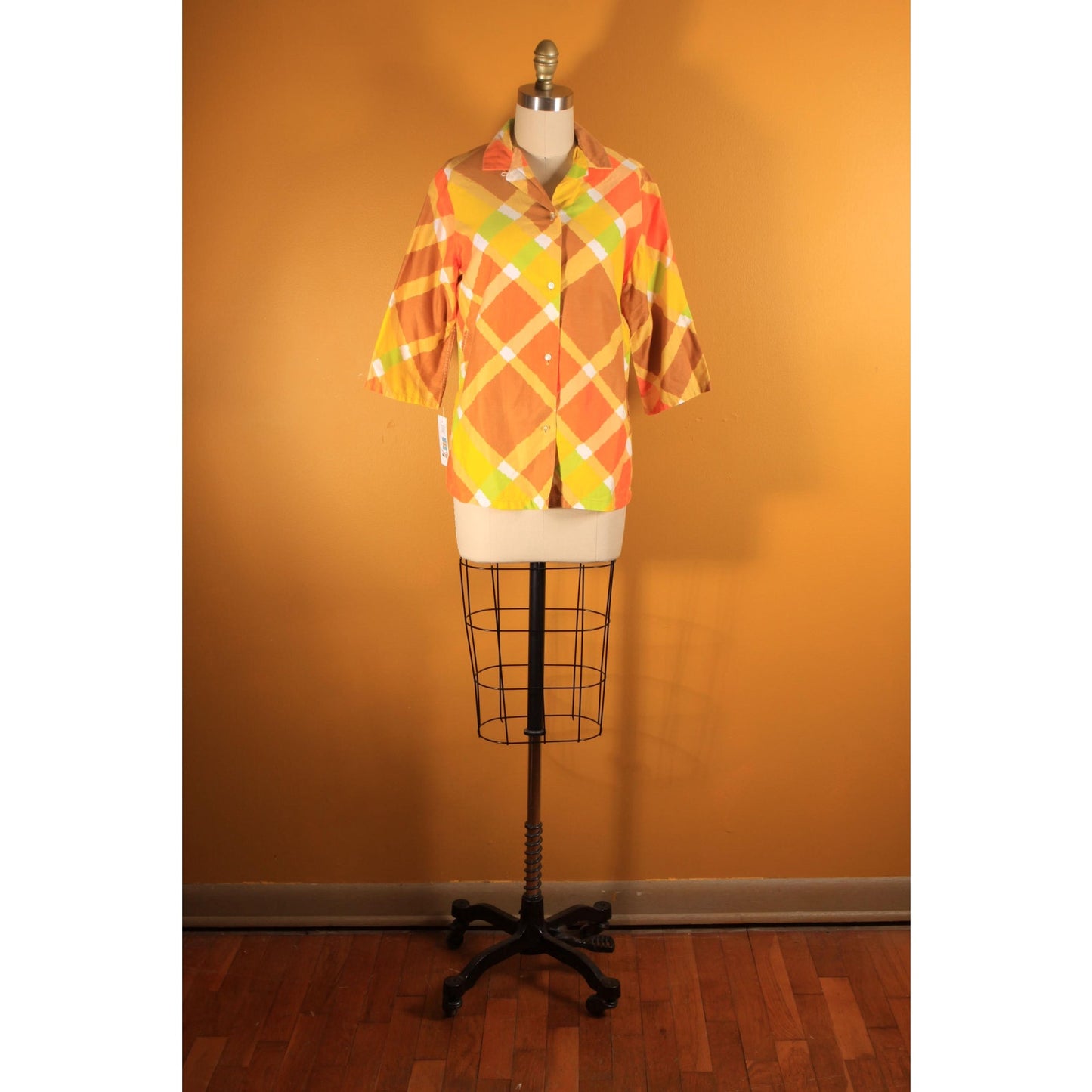 1960s Yellow, Orange, Green and Brown Plaid 3/4 Length Sleeve Button Down Blouse by MLM -L-XL