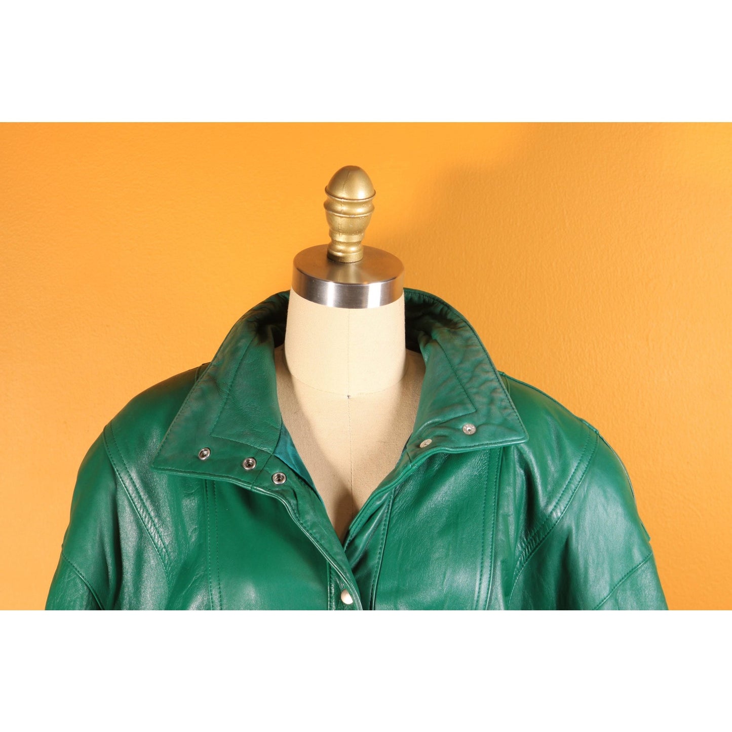 1980s Green Leather Metal Snap 3/4 Length Sleeve Jacket Coat