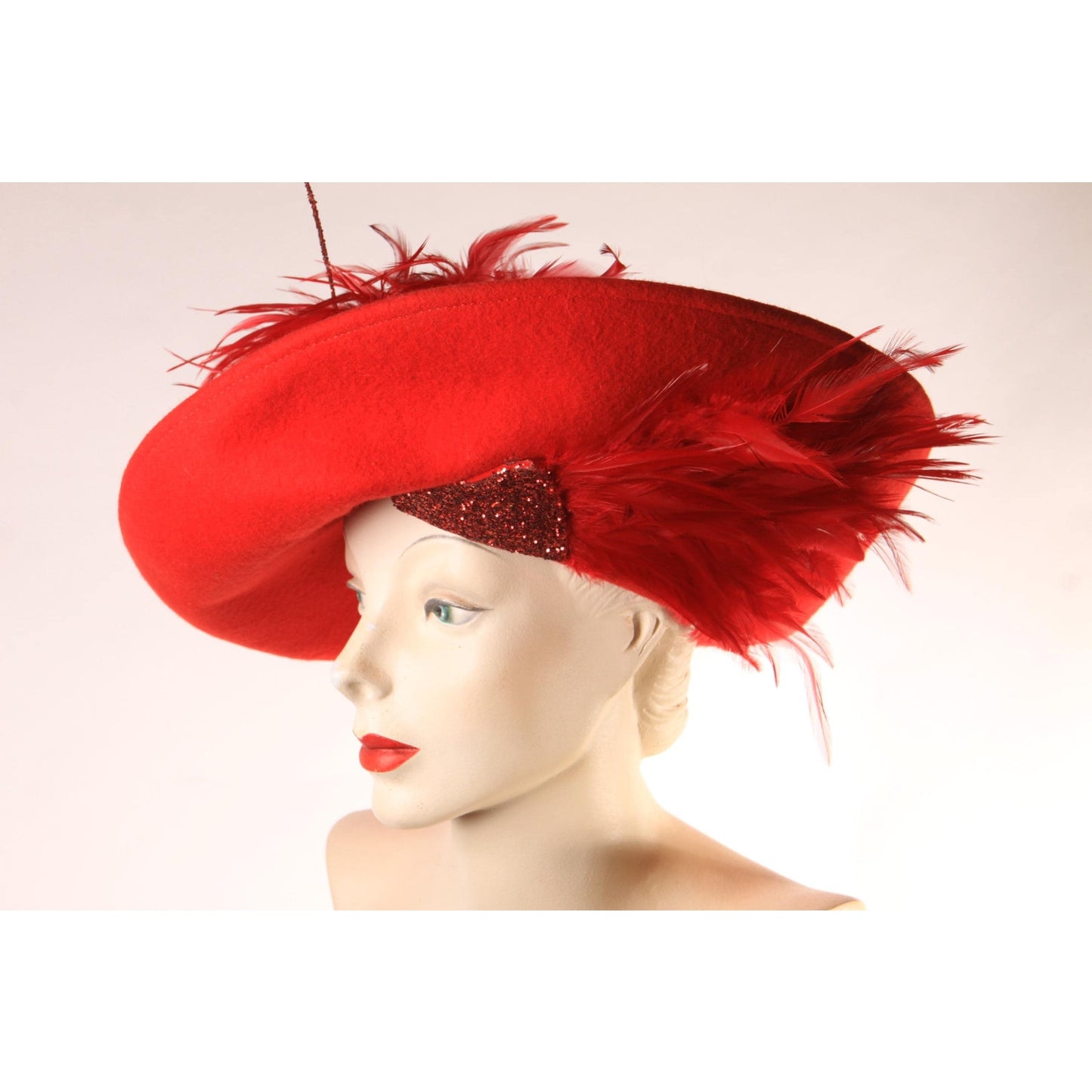 1980s Red Wool Felt Wide Brim Glitter and Feather Avant Garde Formal Hat by Deborah Fashions