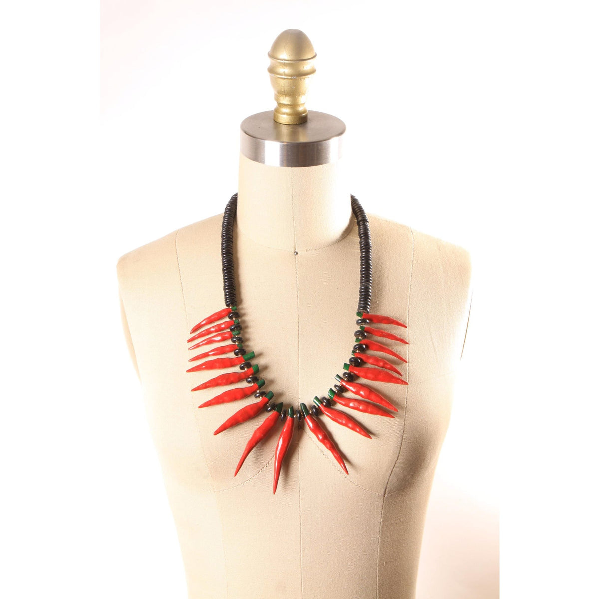 1970s 1980s Black and Red Wood Beaded Novelty Hot Chili Peppers Necklace