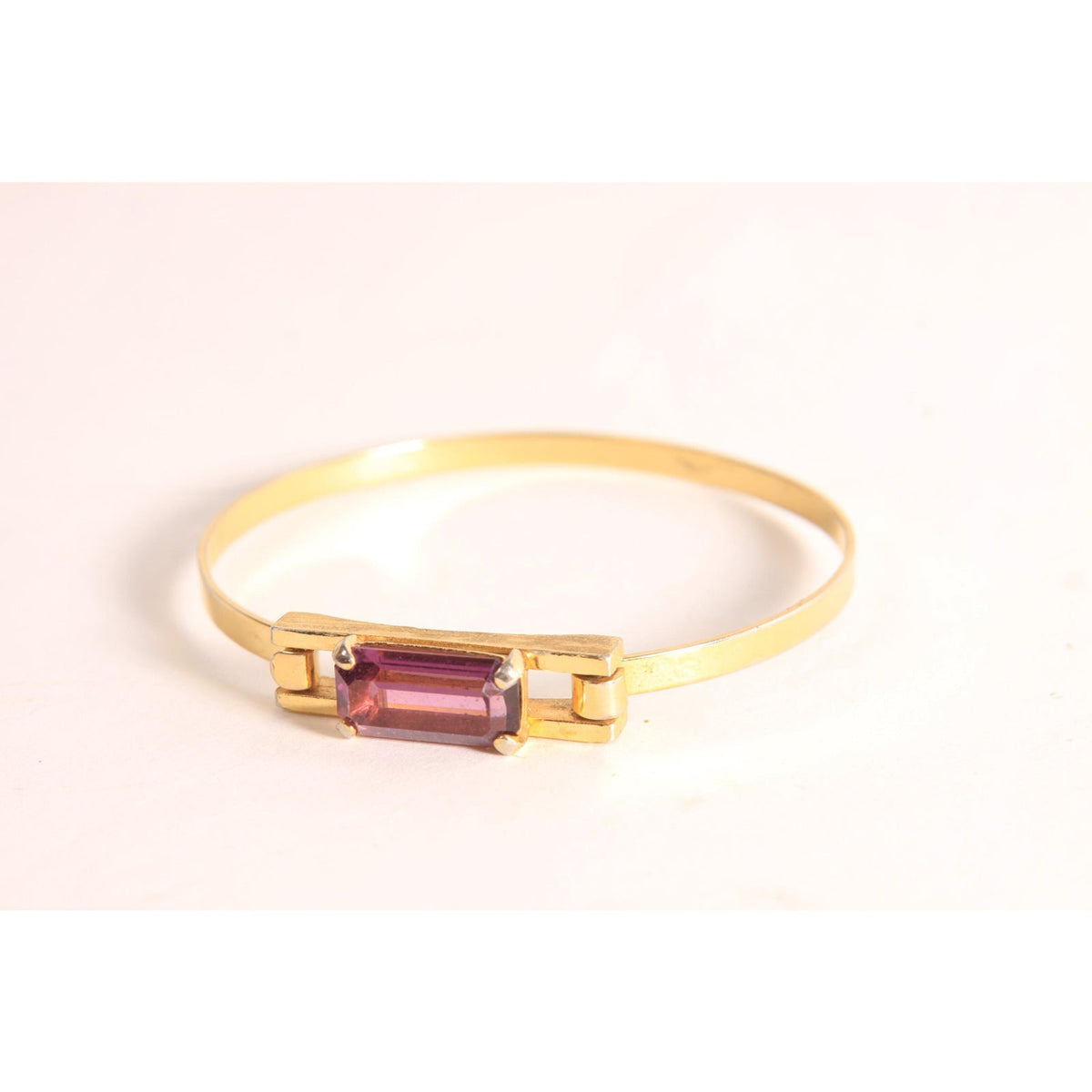 1970s Gold Tone Metal and Dark Purple Square Faux Amethyst Stone Bracelet by Avon