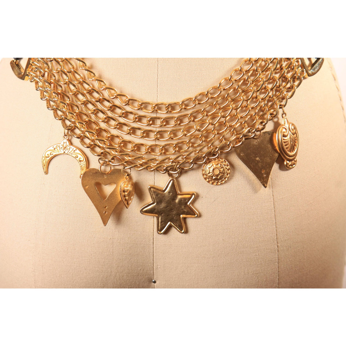 1980s Black Leather and Gold Tone Metal Escada Style Chain Heart and Stars Charm Belt by Details