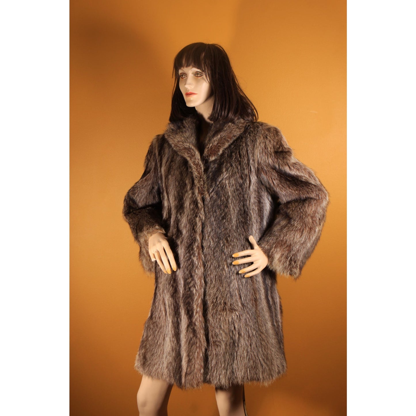 1970s Gray and Black Long Sleeve Raccoon Fur Coat -XL