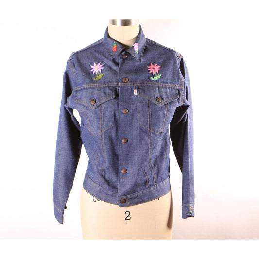 1970s Blue Denim Novelty Embroidered Floral Flowers Sunflowers and Strawberry Cropped Denim Jacket by Levi's -M
