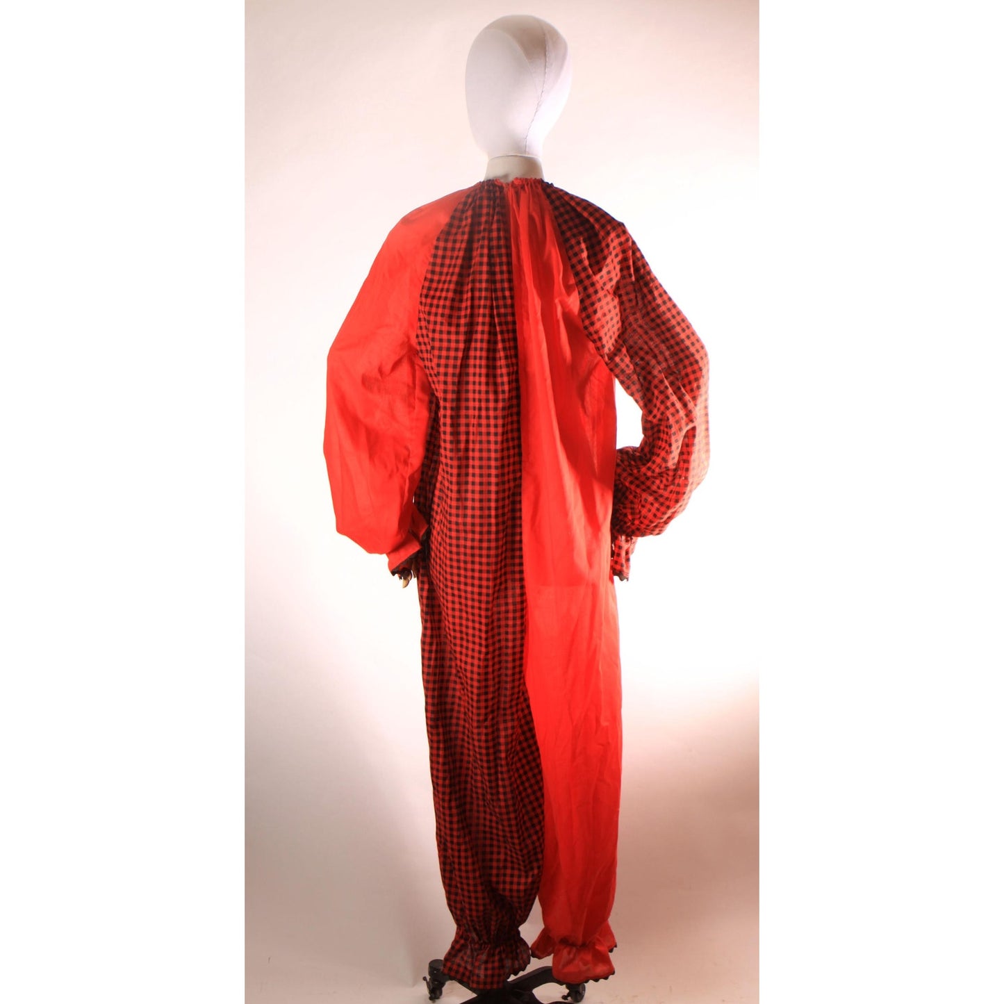 1970s Red and Black Plaid One Piece Pom Pom Halloween Clown Costume