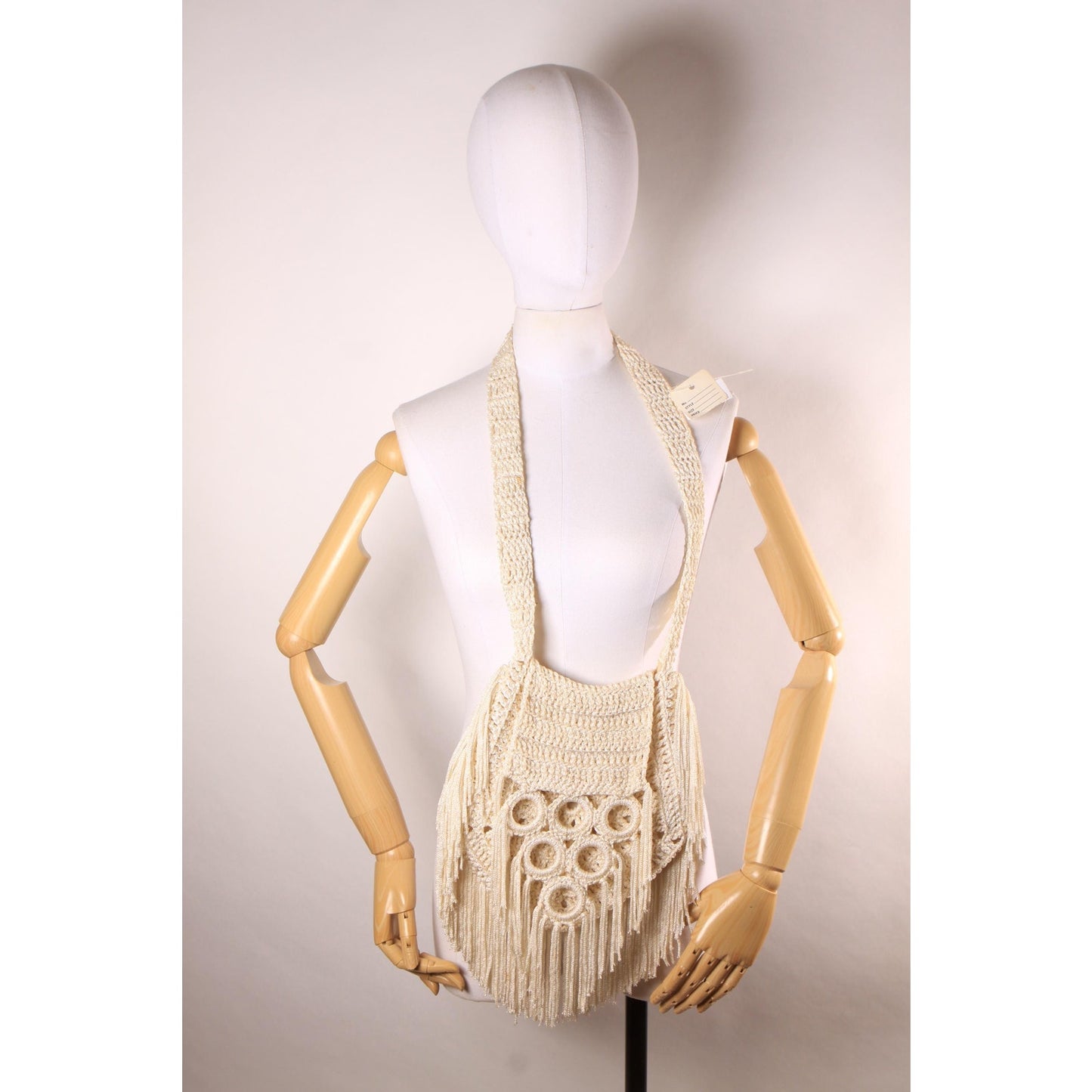 Deadstock 1970s Cream Off White Crochet Fringe Boho Hippie Shoulder Strap Purse