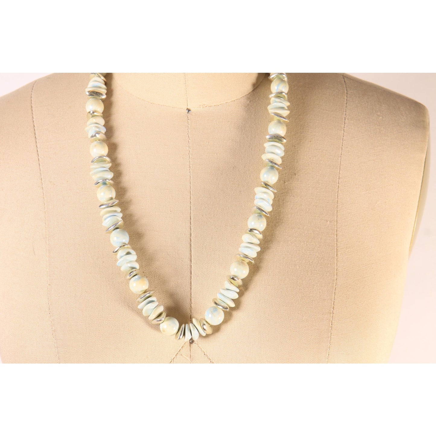 1980s Mint Blue, White and Silver Swirl Beaded Necklace
