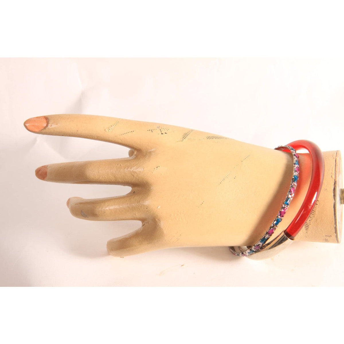 1970s 1980s Dark Red and Silver Tone Metal and Plastic and Metal Hot Pink and Blue Stack of Bangle Bracelets