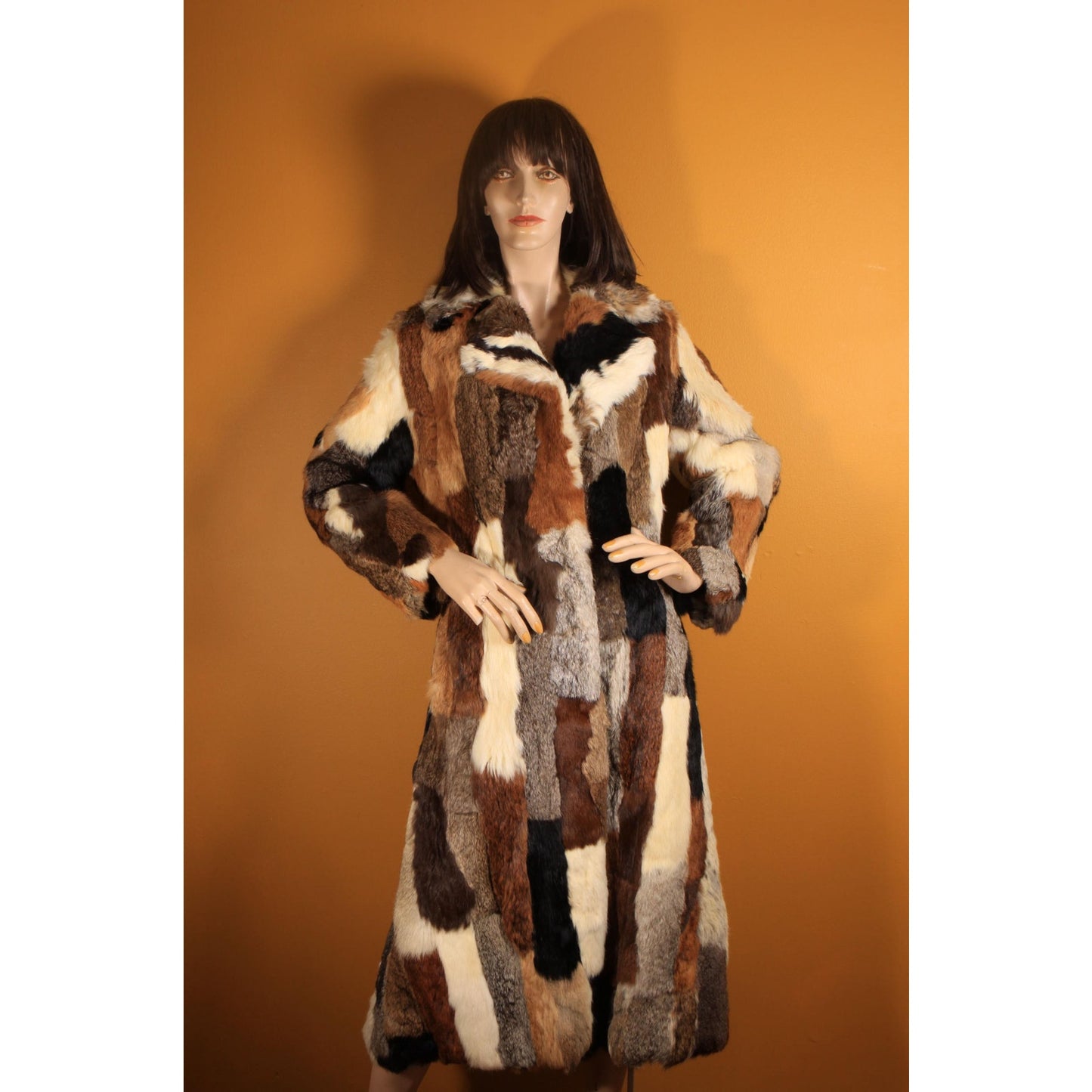 1970s Multi-Colored Patchwork Rabbit Fur Long Sleeve Penny Lane Coat by Mademoiselle Furs -M