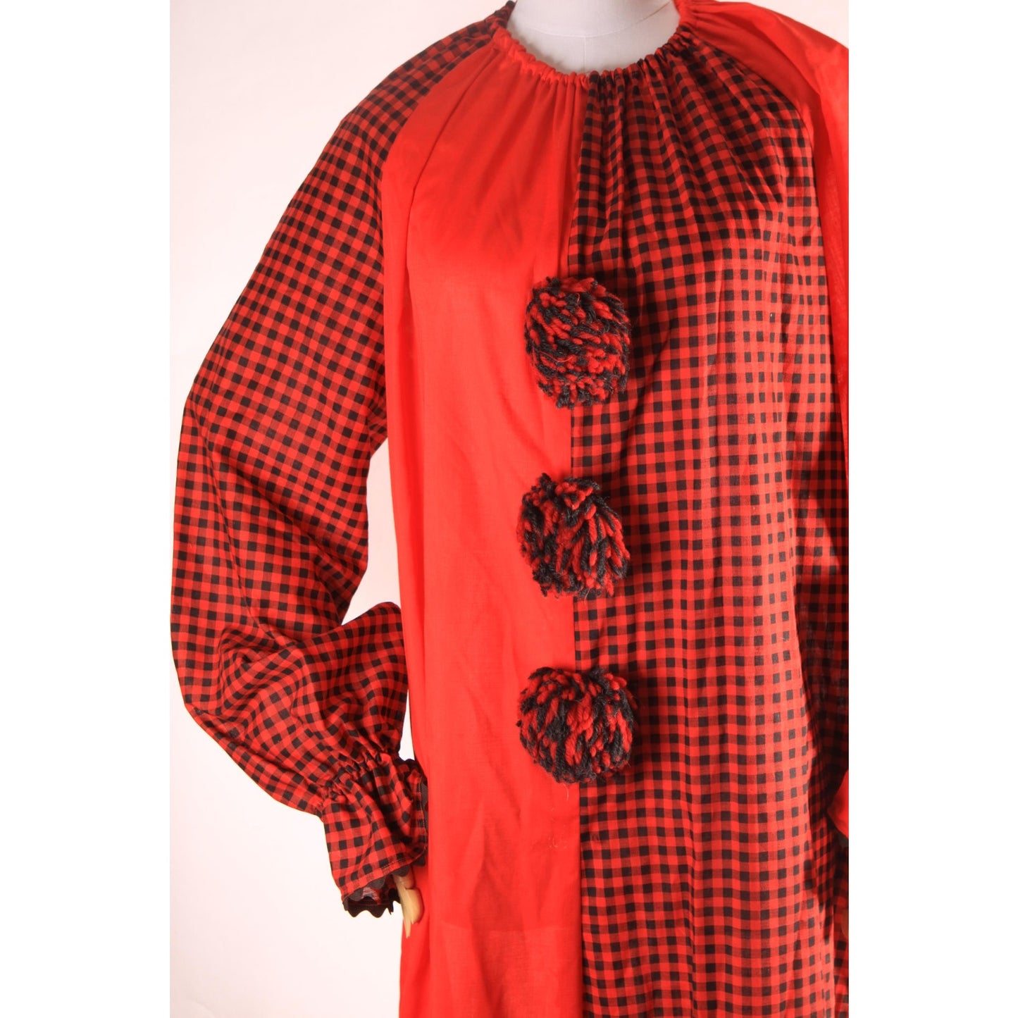 1970s Red and Black Plaid One Piece Pom Pom Halloween Clown Costume