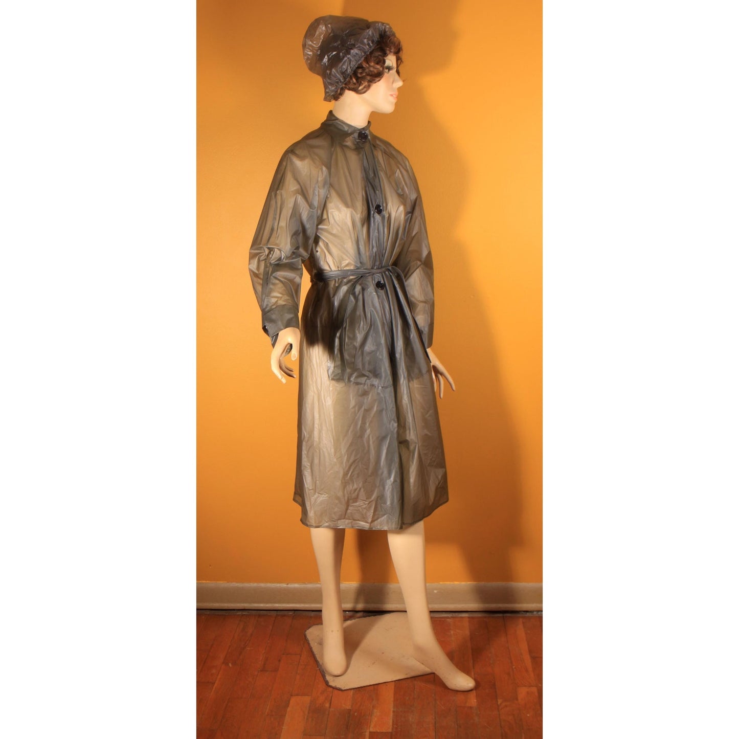 1950s 1960s See Through Gray Button Down Belted Raincoat with Matching Rain Bonnet by Aqua Sheen by Exylin -S