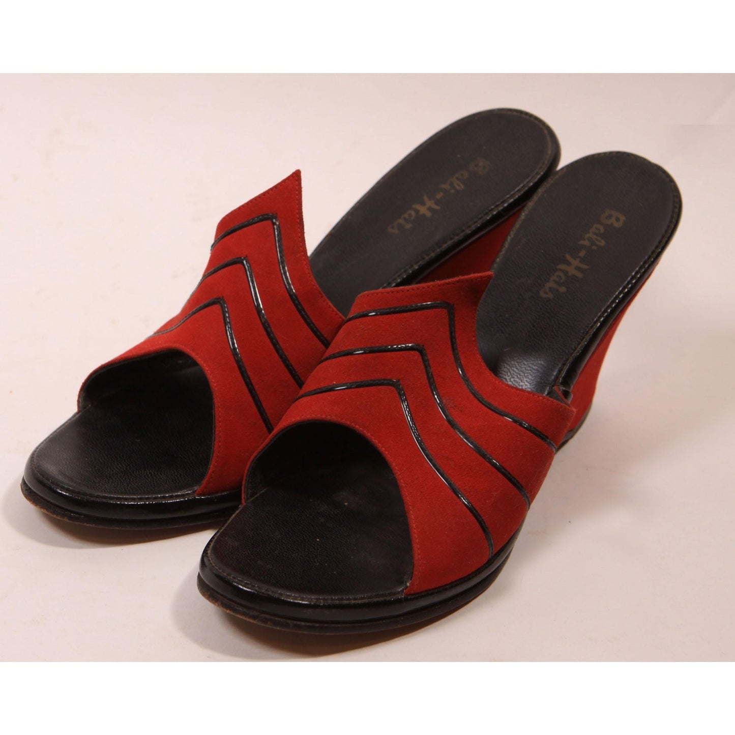 1950s Red and Black High Heel Wedge Slip On Boudoir Heels Slippers by Bali-Hais