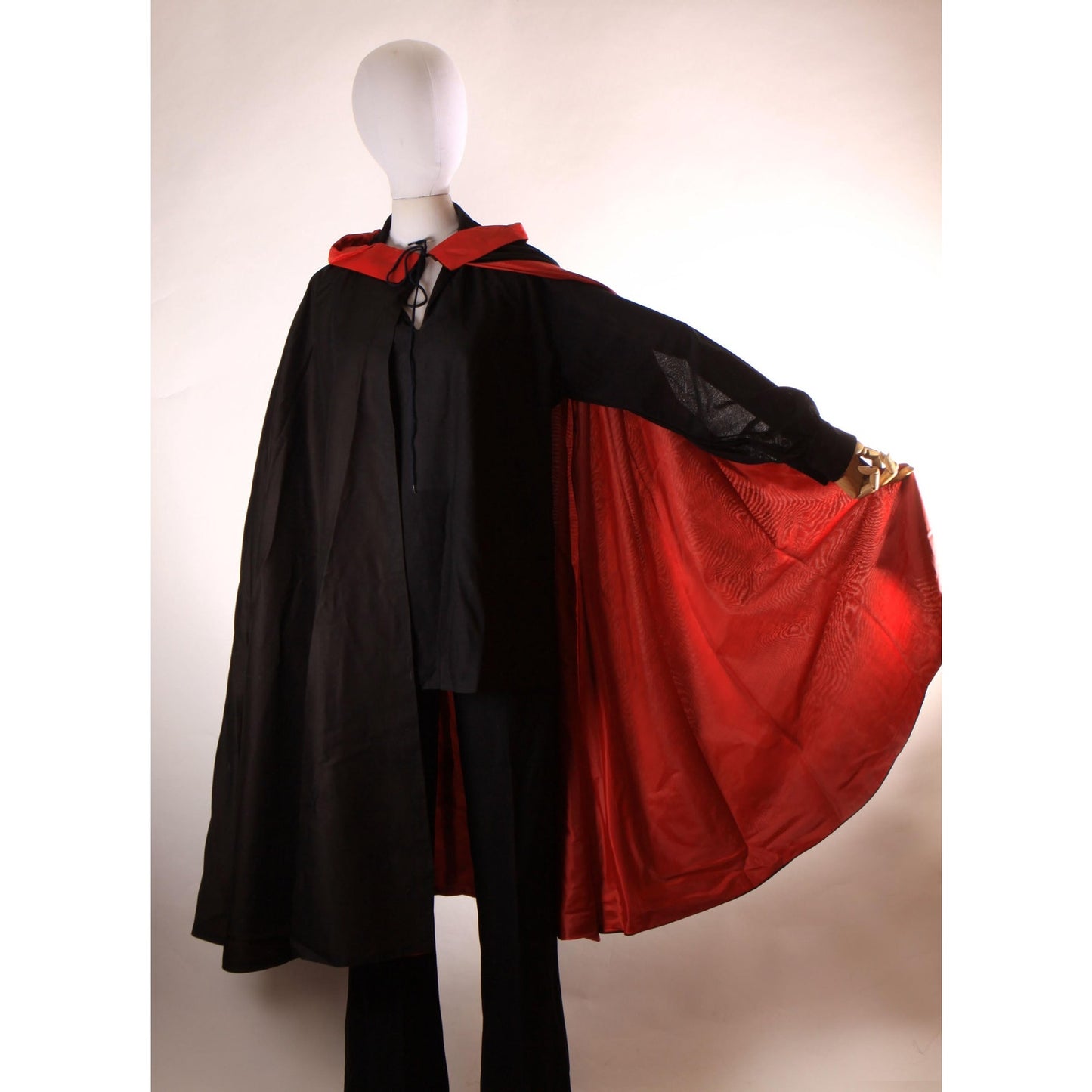 1970s Black and Red Three Piece Dagger Collar Blouse, Pants and Dracula Vampire Cape Halloween Costume -L