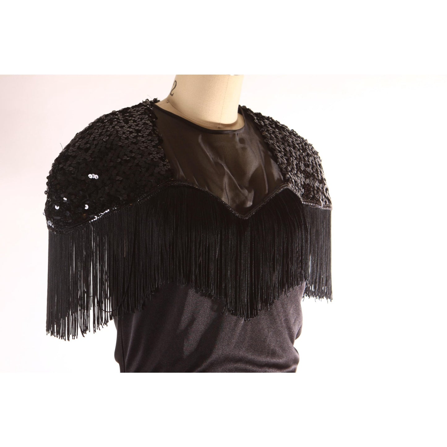 1980s Black Short Sleeve Fringe Keyhole Back Wiggle Dress by Abby Kent -L
