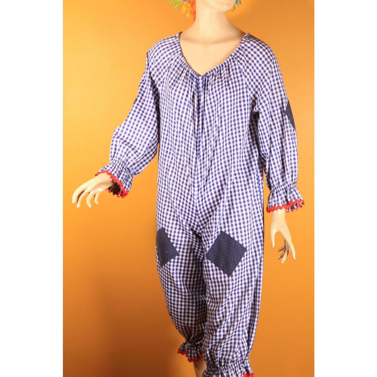 1960s 1970s Blue, White and Red Ric Rac Trim Patchwork Polka Dot One Piece Childs or Preteen Clown Costume