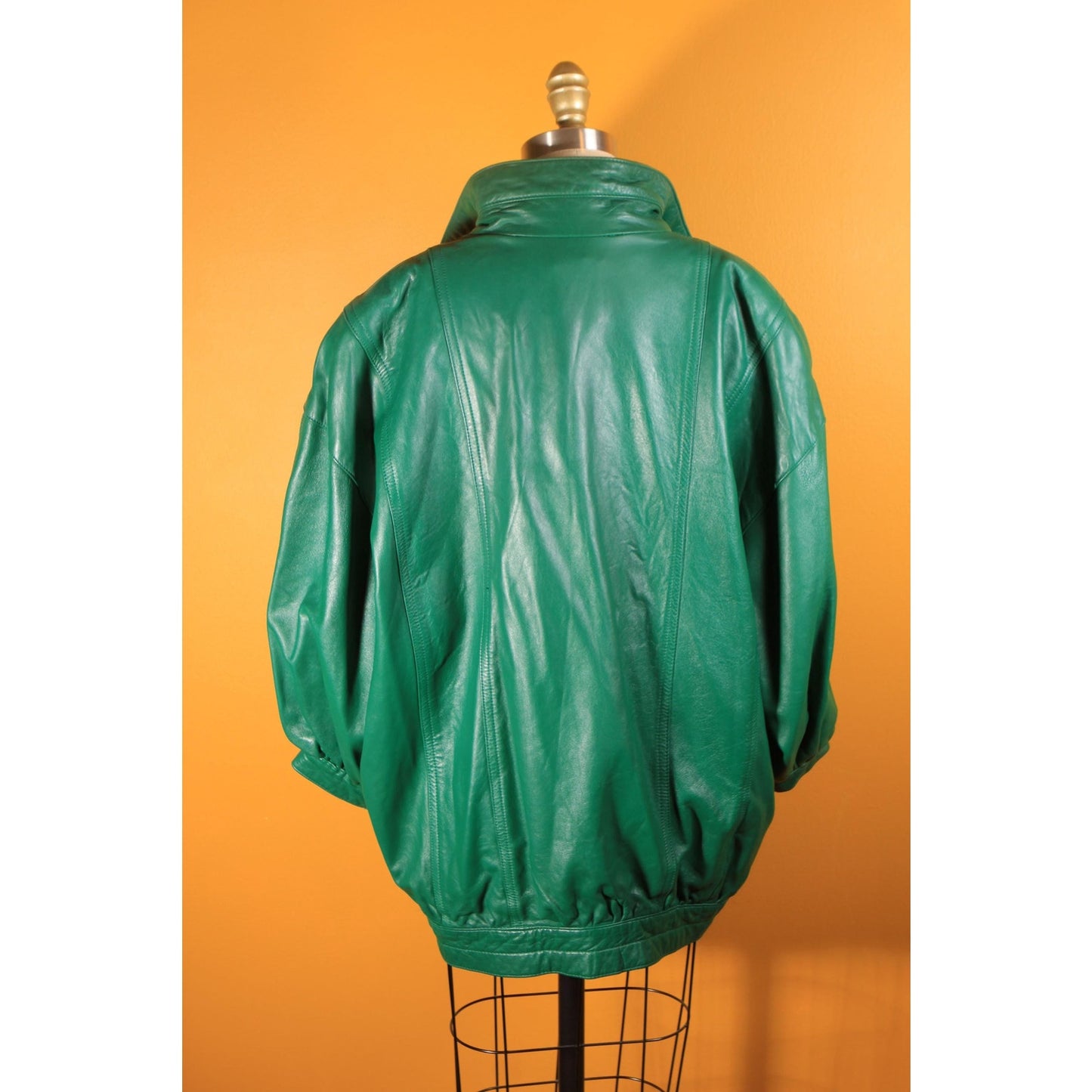 1980s Green Leather Metal Snap 3/4 Length Sleeve Jacket Coat