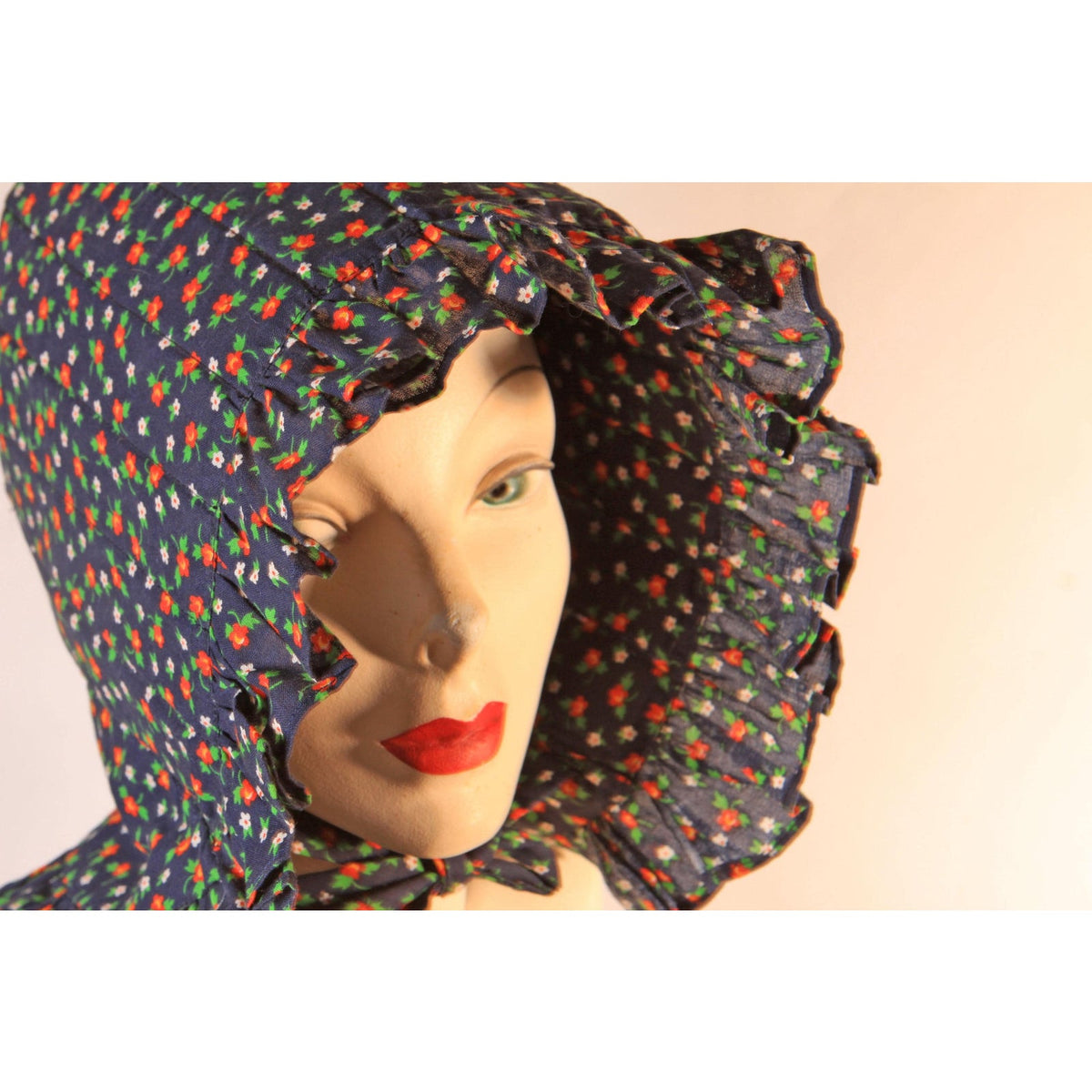 1970s Blue, Red, Yellow and White Floral Calico Prairie Bonnet Hat
