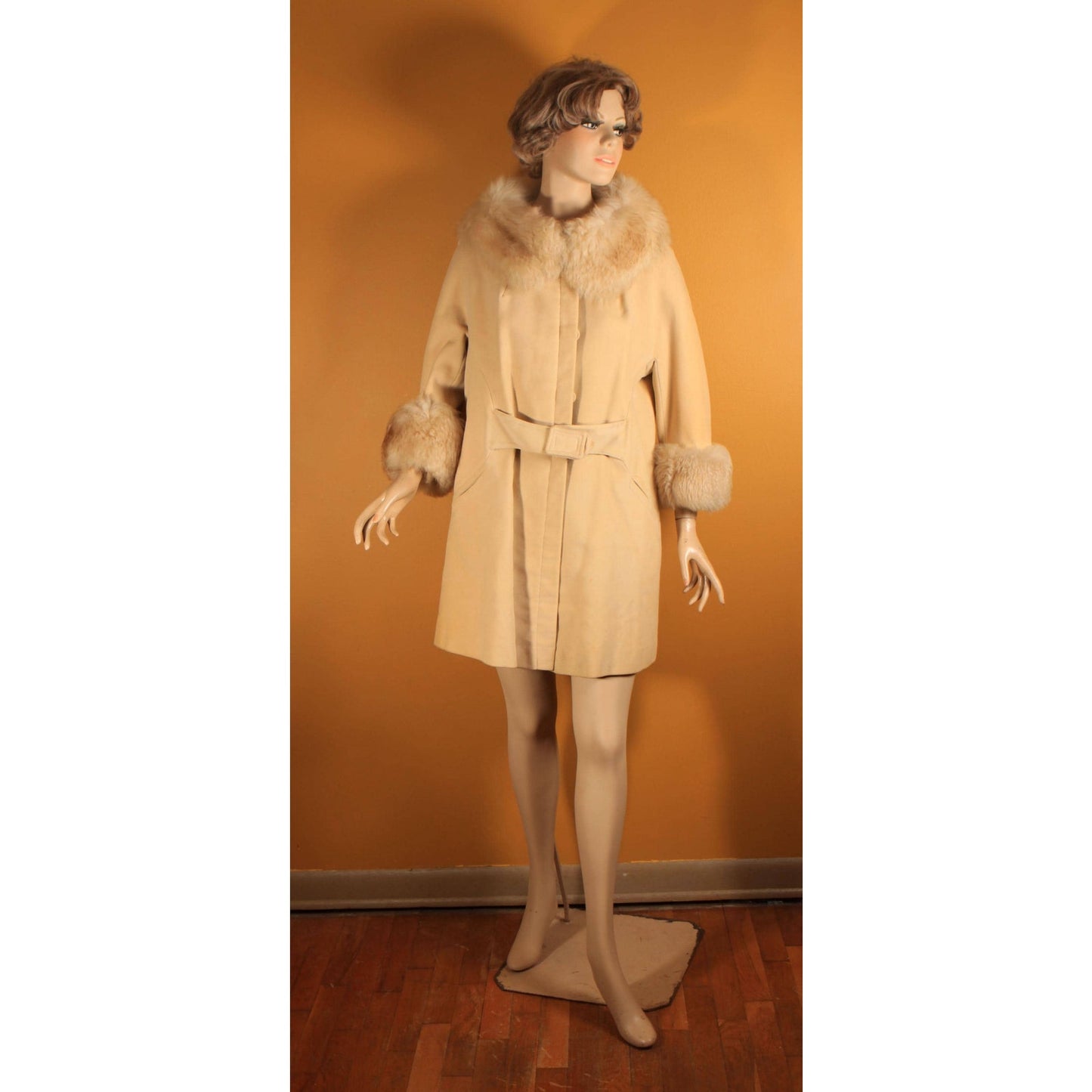 1960s Cream Tan Velvet Bracelet Sleeve Shearling Cuff and Collar Belted Coat by Country Pacer -M-L
