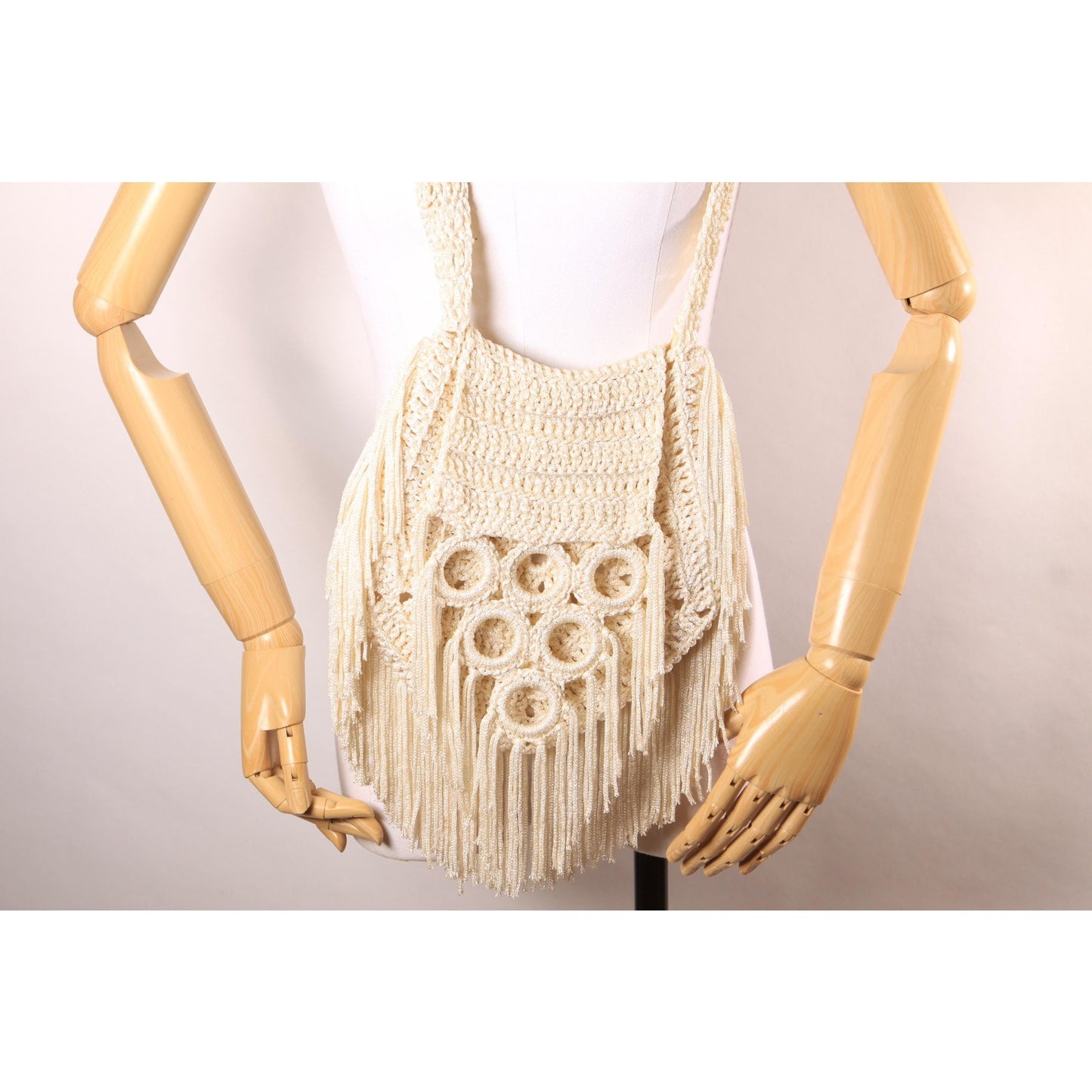 Deadstock 1970s Cream Off White Crochet Fringe Boho Hippie Shoulder Strap Purse