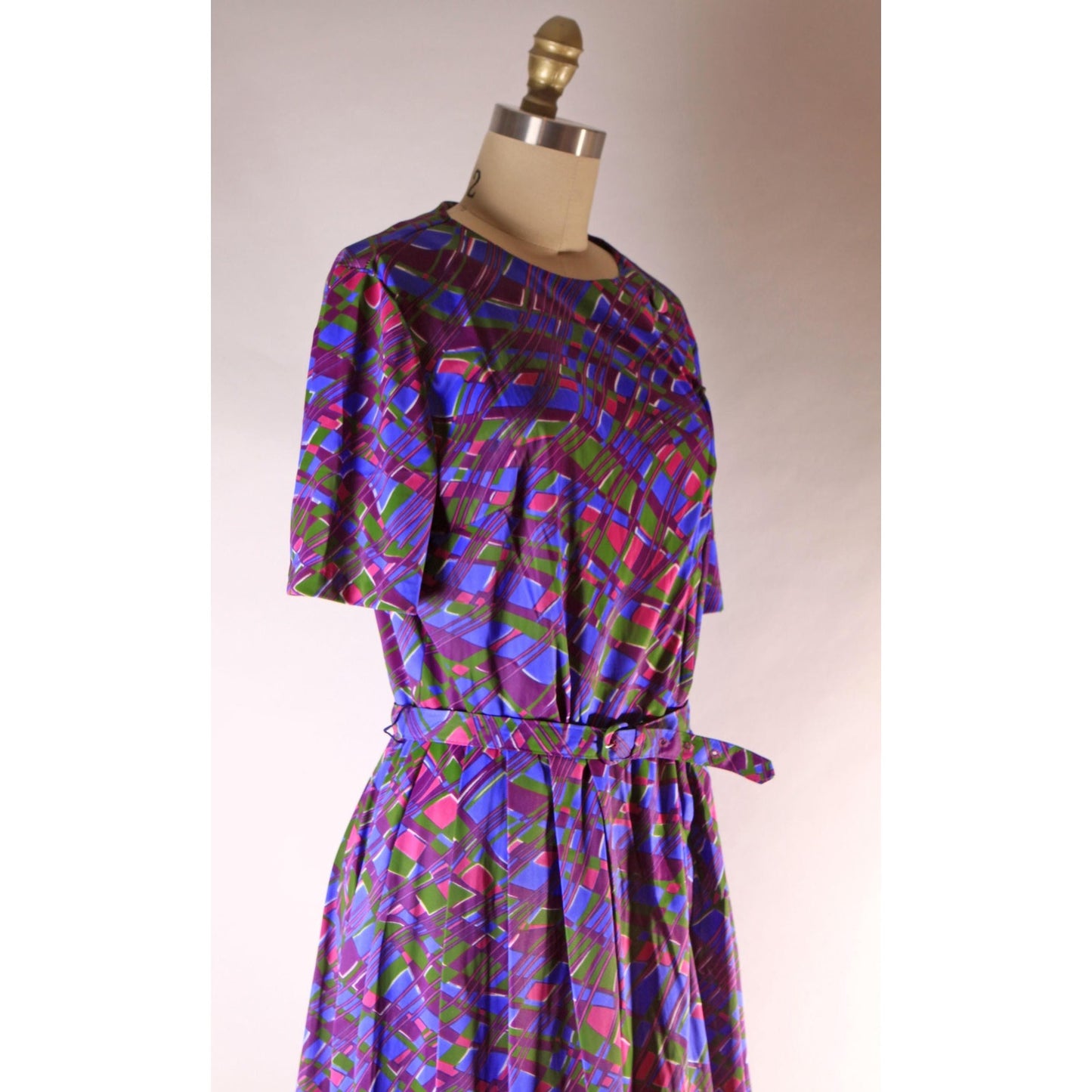 1960s Purple, Pink and Green Abstract Plaid Psychedelic Short Sleeve Belted Dress by Casualmaker -L