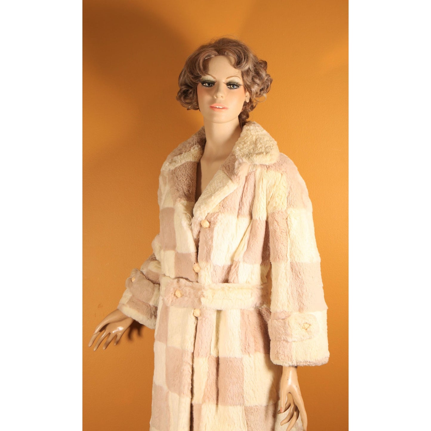 1960s Light Pink and White Sheared Dyed Chinchilla Fur Checkerboard Mod Belted Coat by Famous Barr -M-L