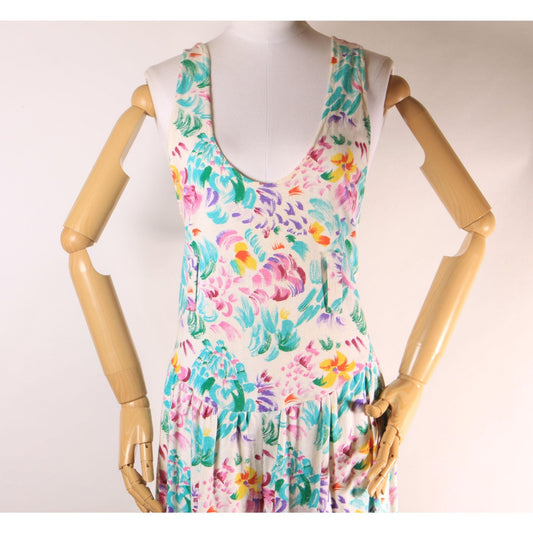 1980s White and Multi-Colored Floral Wide Strap Drop Waist One Piece Jumpsuit -L-XL