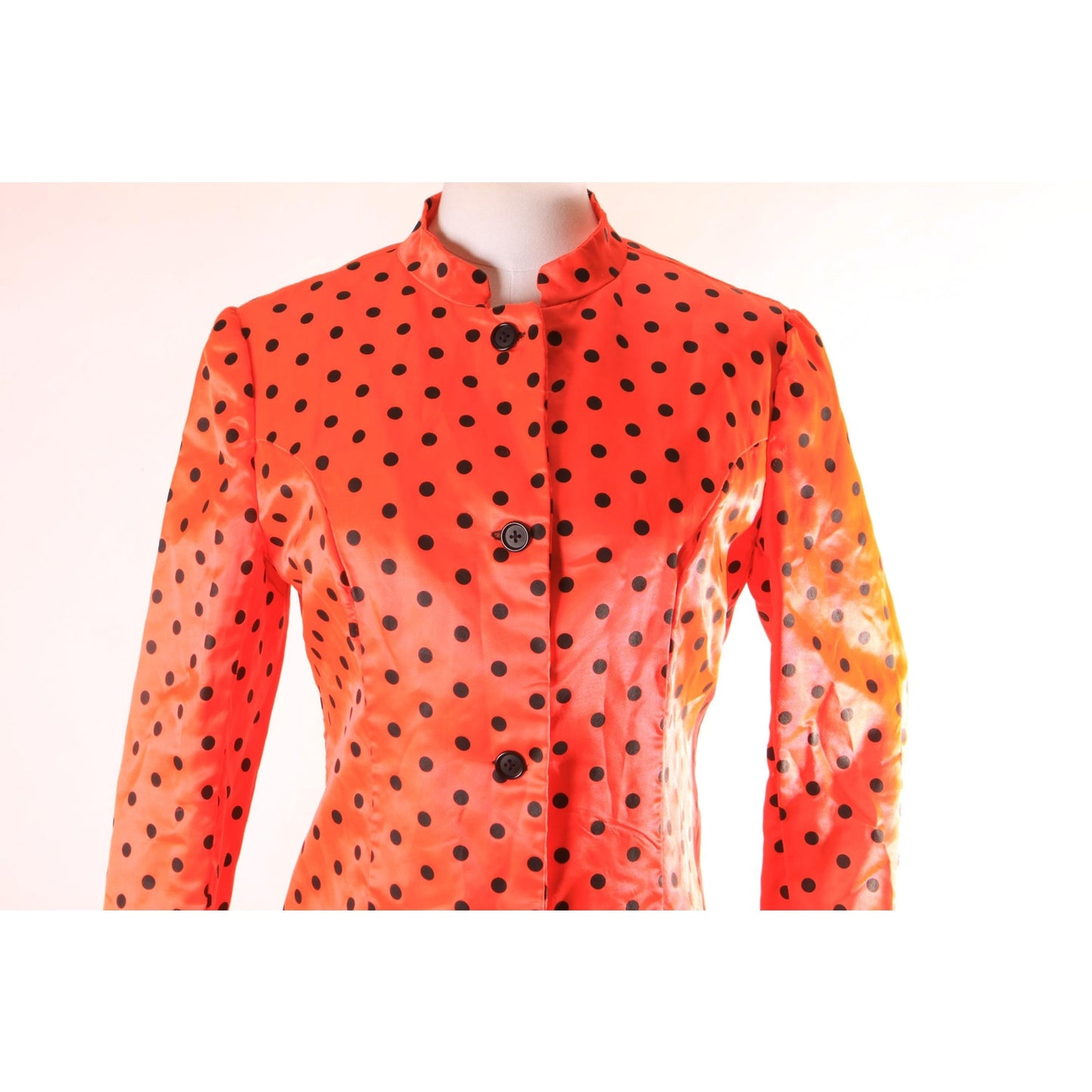 1970s 1980s Hot Pink and Black Satin Polka Dot Long Sleeve Button Down Blouse Jacket with Matching Hat Costume -L