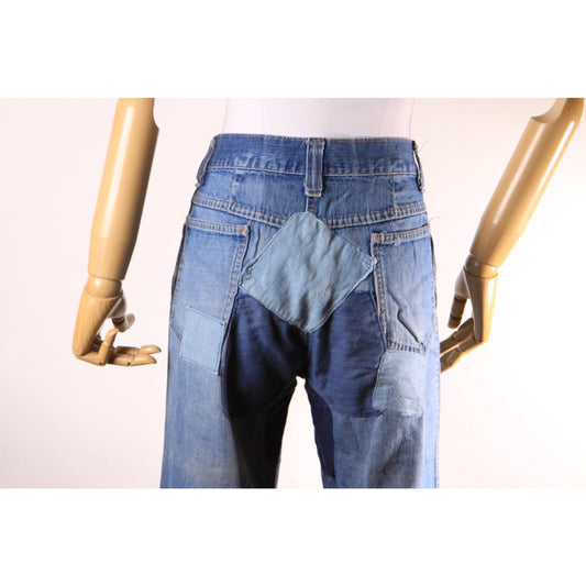 1970s Blue Denim Patchwork Patched Denim Jeans by Montgomery Ward