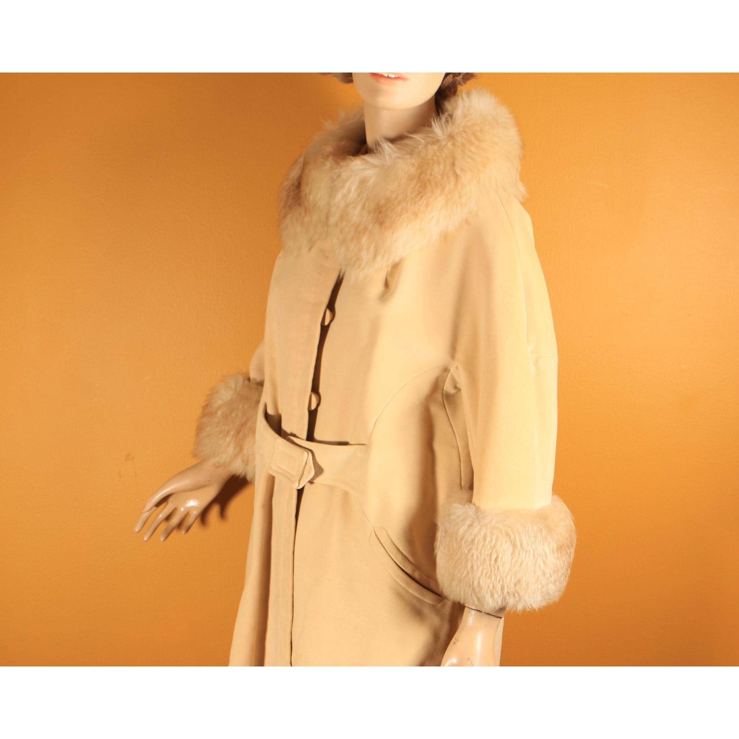 1960s Cream Tan Velvet Bracelet Sleeve Shearling Cuff and Collar Belted Coat by Country Pacer -M-L