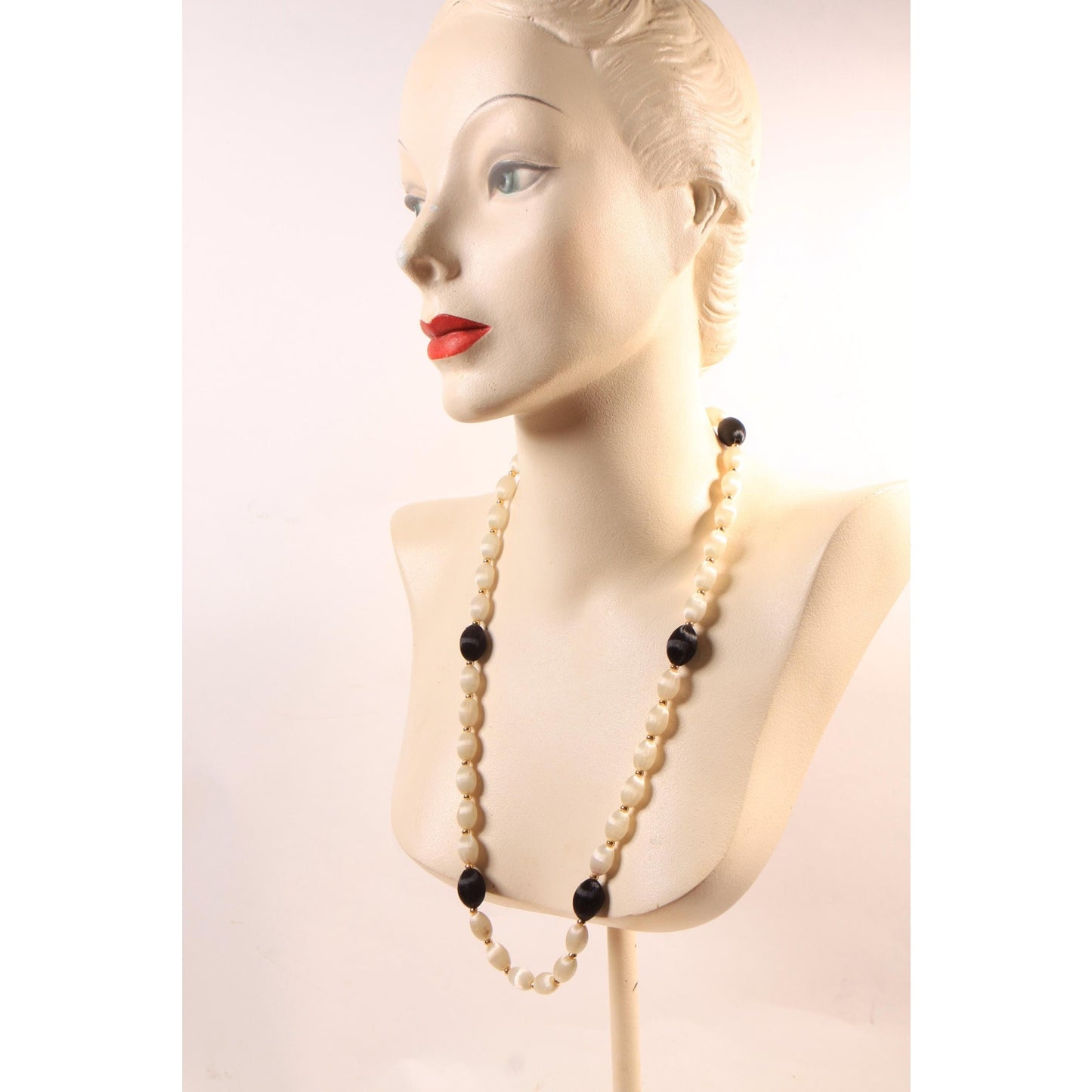 1960s White, Black and Gold Tone Metal Satin Circle Beaded Necklace