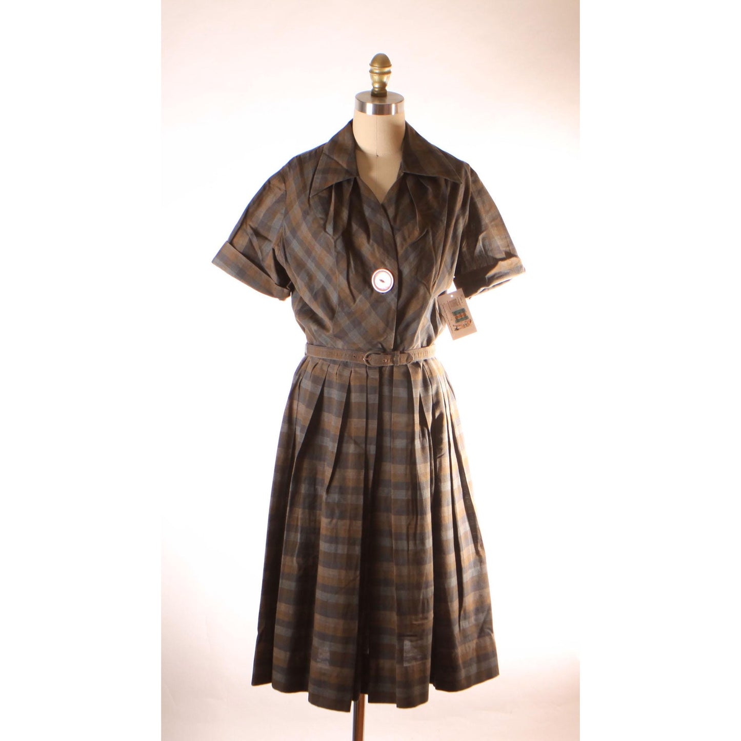 1950s Brown and Gray Plaid Oversized Button Short Sleeve Fit and Flare Belted Dress by Fashionmaker -M