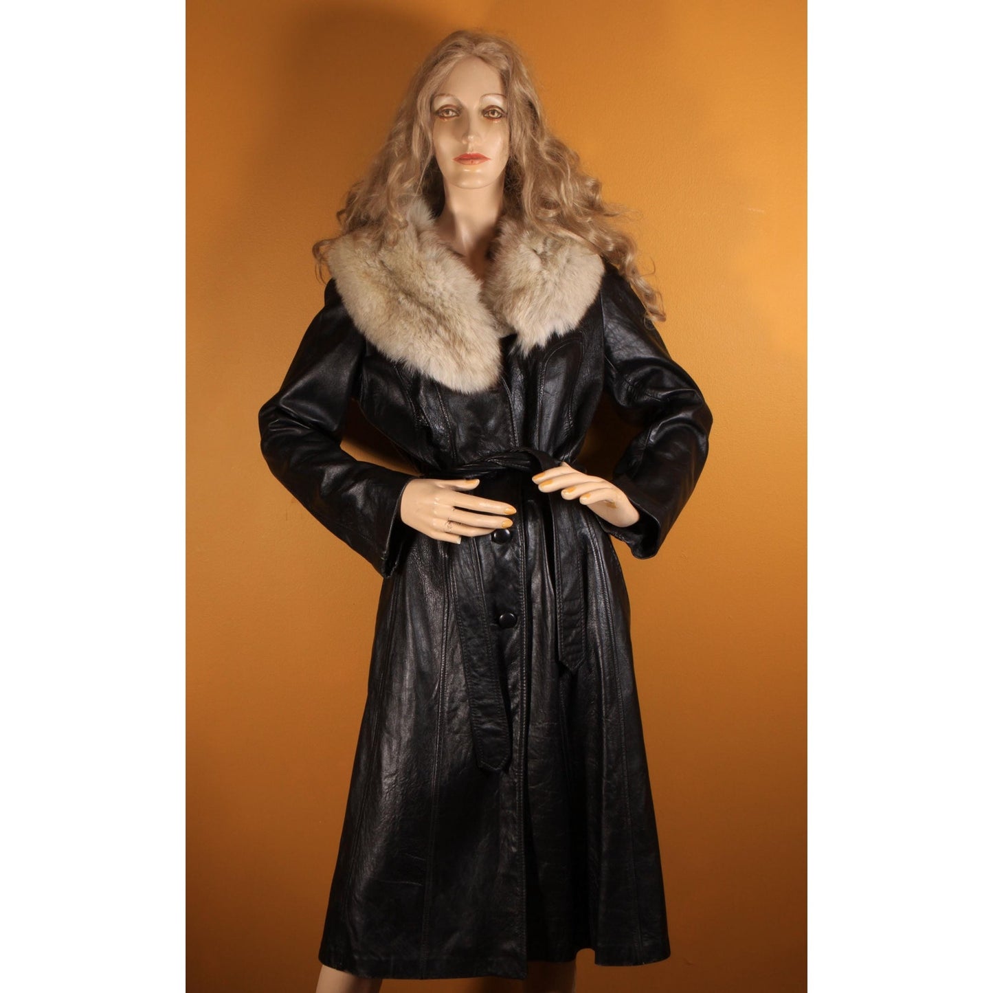 1970s Black Leather Long Sleeve Fox Fur Collar Trench Coat by Imperial -M-L