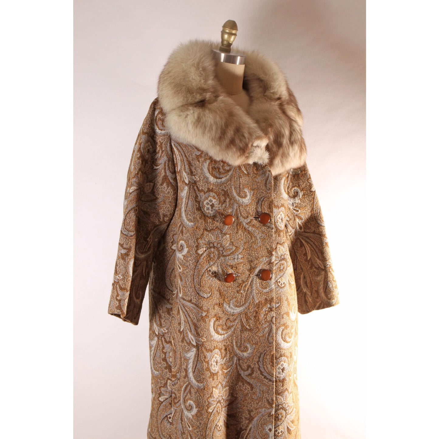 1960s Brown and Blue Gray Swirl Paisley Tapestry Fox Fur Collar Carpet Coat
