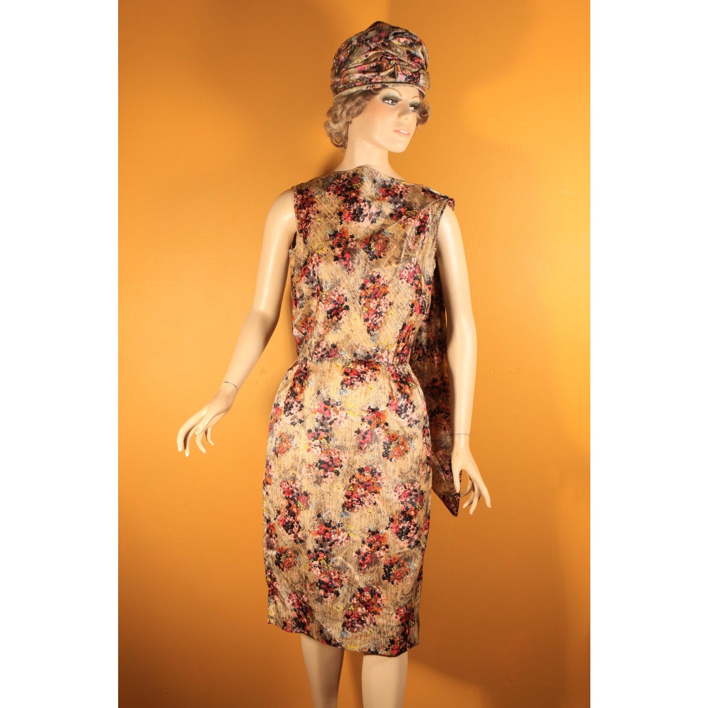 1950s Gray and Purple Floral Waterfall Sash Wiggle Dress with Matching Jacket and Hat Three Piece Outfit by Letizia Fuhr -S