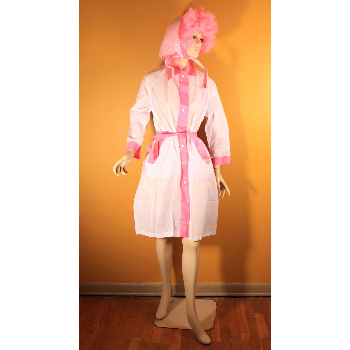Deadstock 1950s Two Tone Pink Metal Snap Belted Raincoat with Matching Rain Bonnet -S
