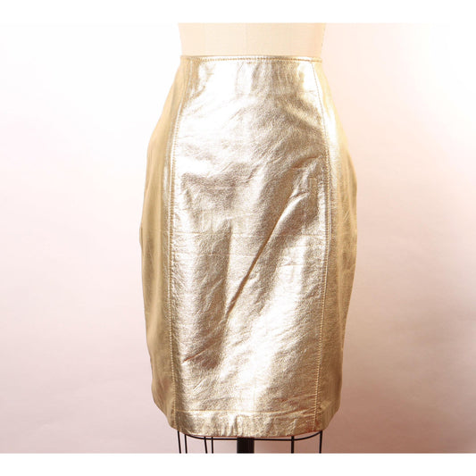 Deadstock 1980s Gold Metallic Leather Pencil Skirt -Size 14