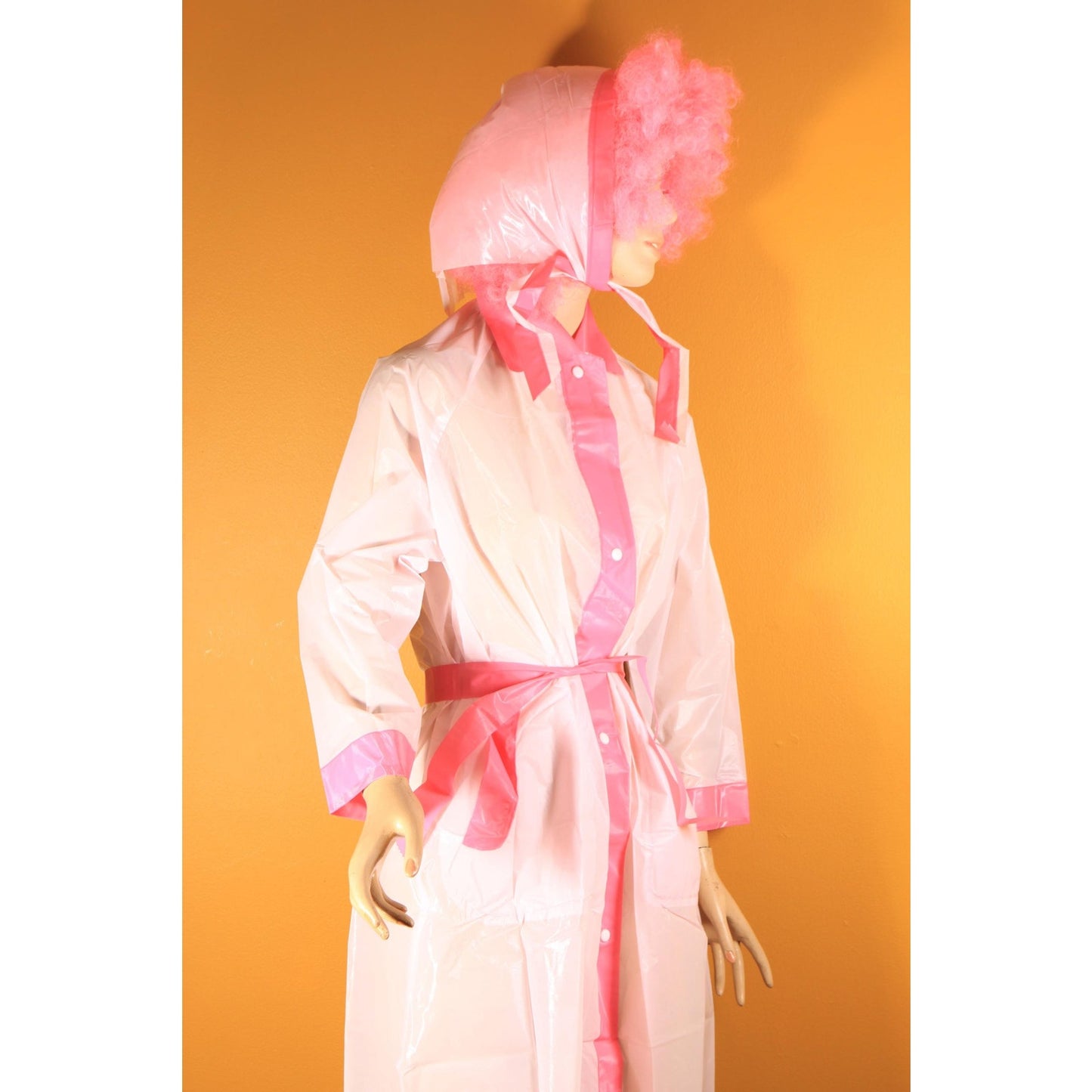 Deadstock 1950s Two Tone Pink Metal Snap Belted Raincoat with Matching Rain Bonnet -S